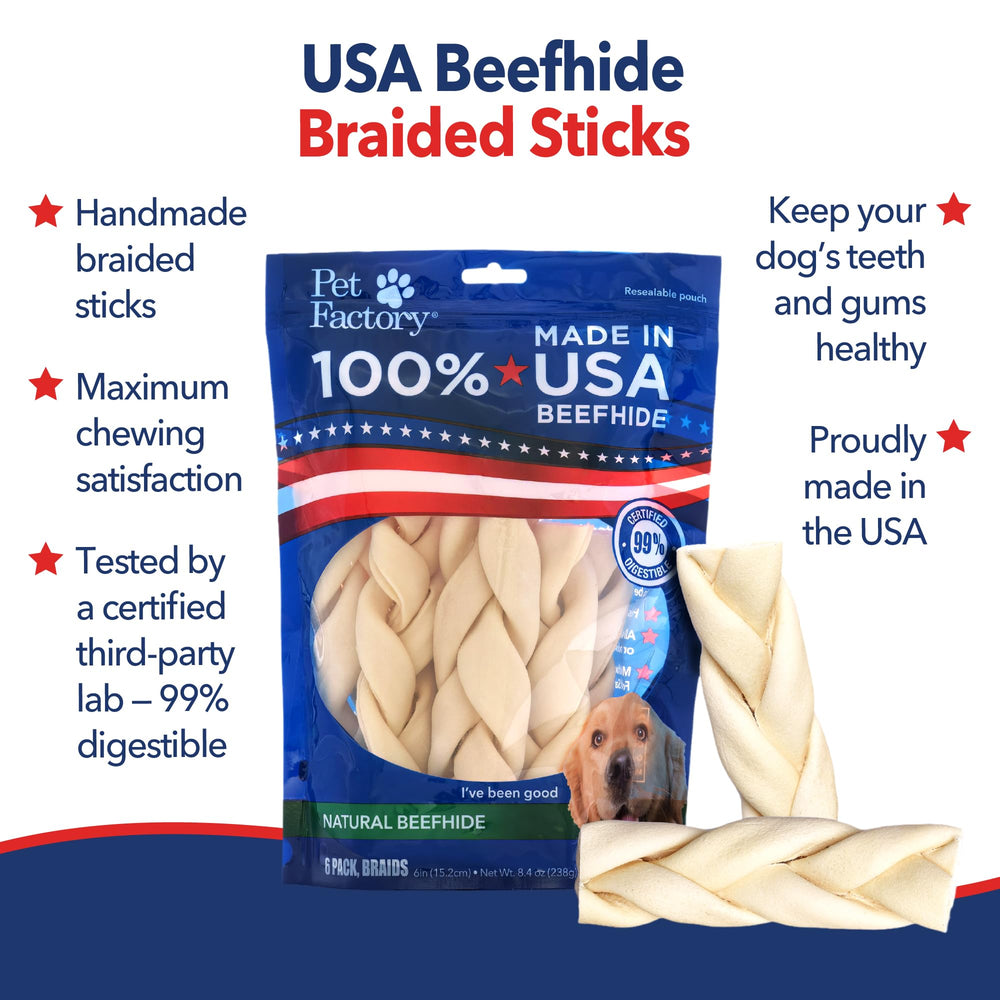 Pet Factory Beefhide Braided Sticks highlight American-sourced rawhide quality