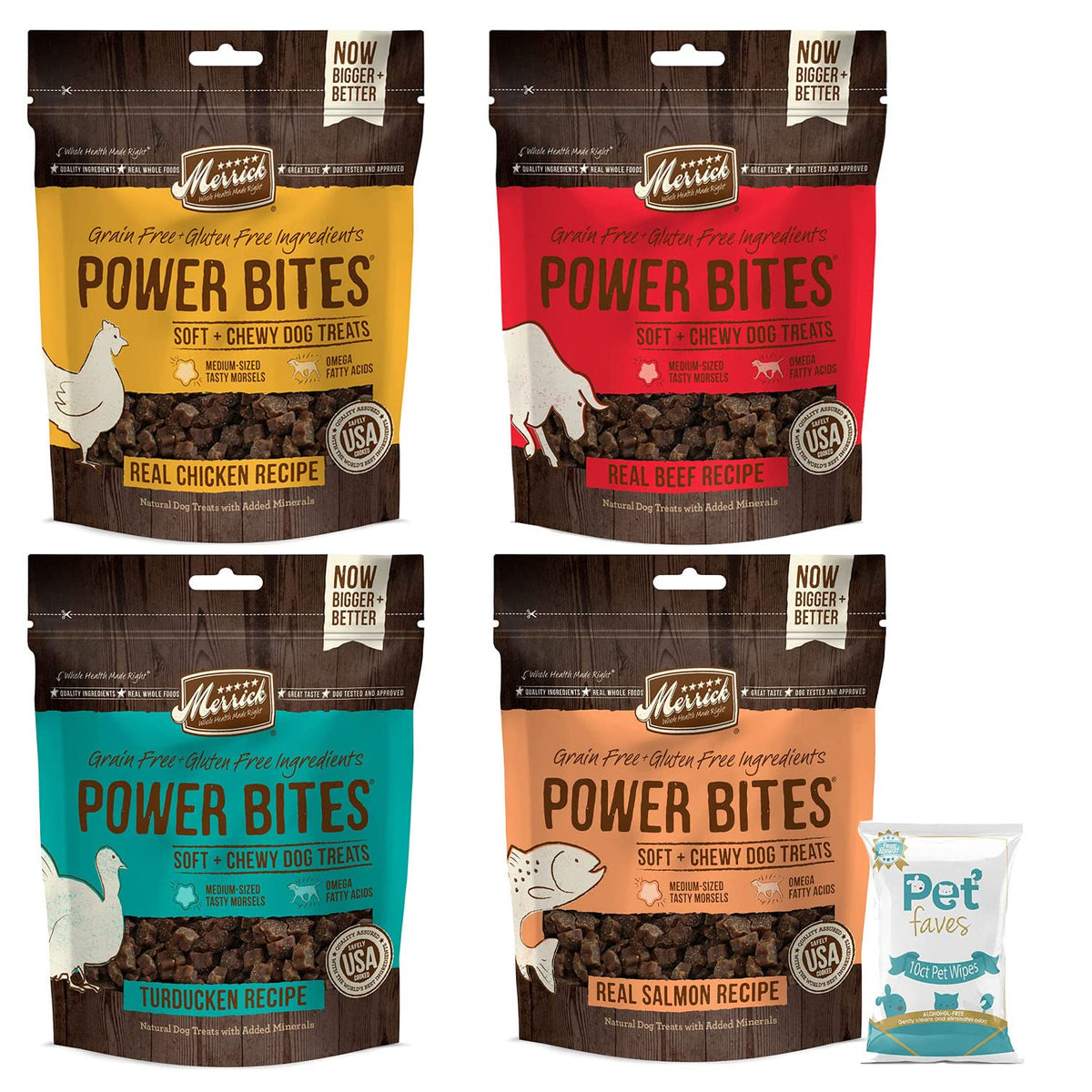 Pet Faves Merrick Power Bites multi-flavor pack front view for rewarding training sessions
