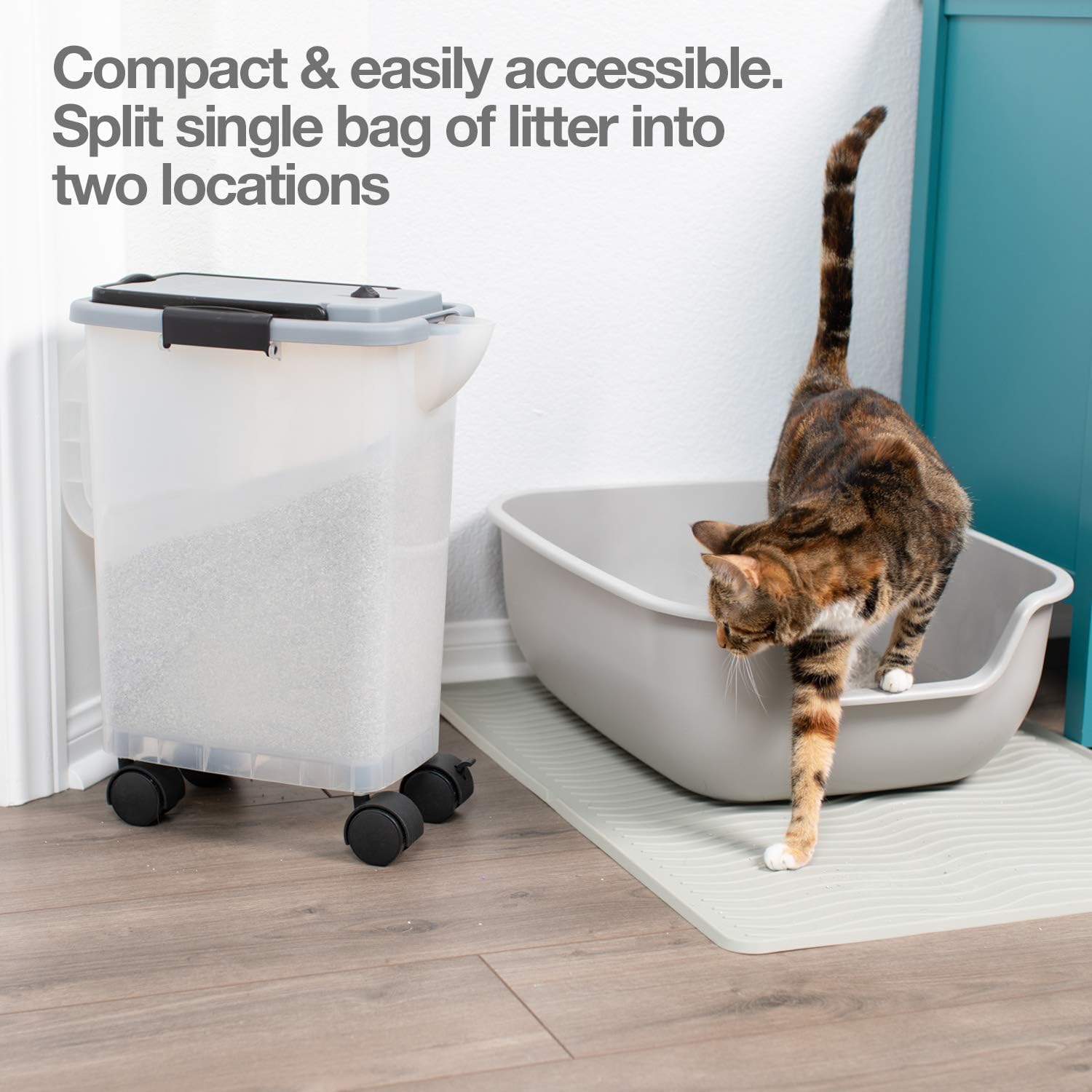 PetFusion BetterBin adjustable spout demonstrates controlled pour.