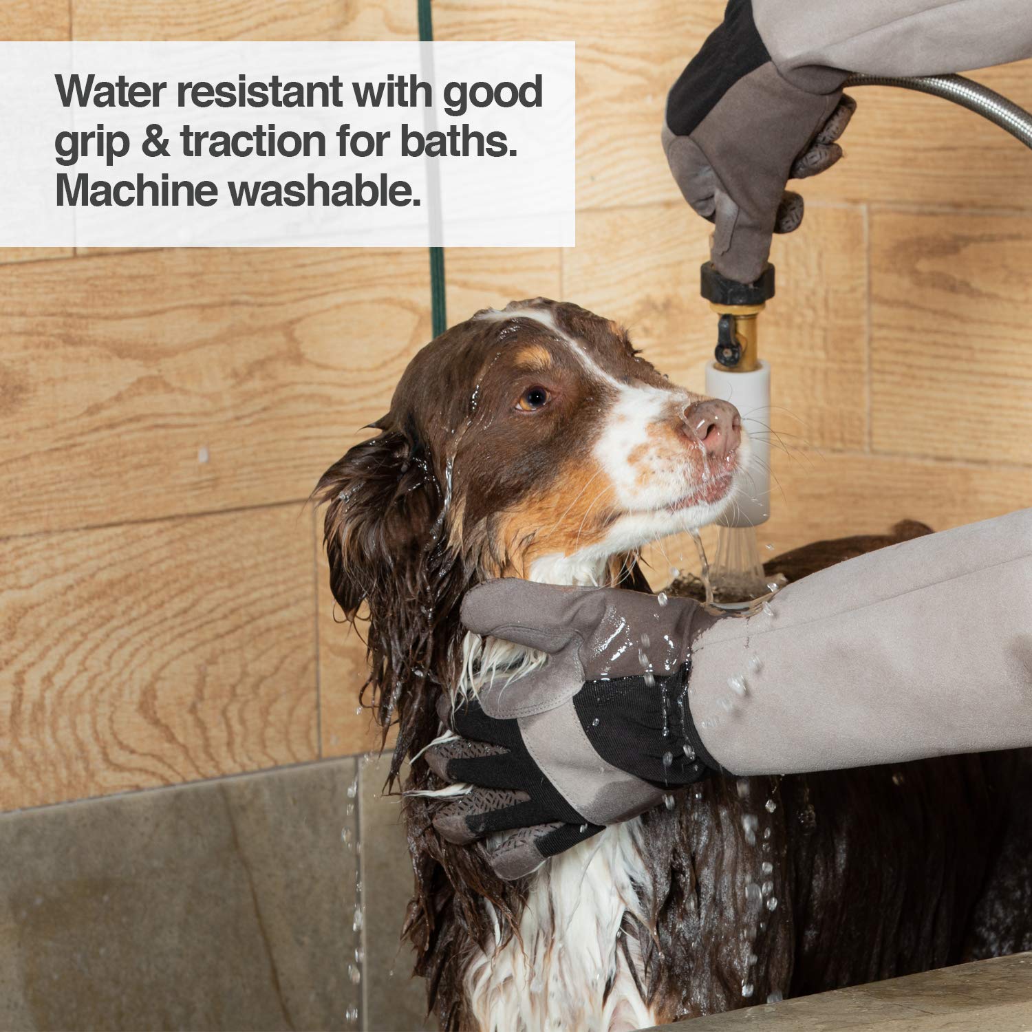 PetFusion glove is water resistant for grooming in damp settings.