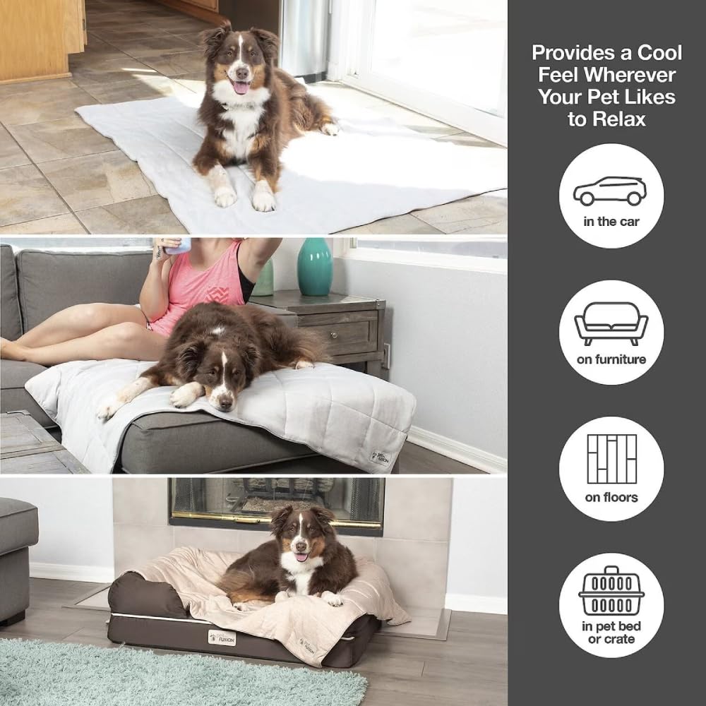 PetFusion Premium cooling blanket on pet bed offers a calming, breathable surface for comfort.