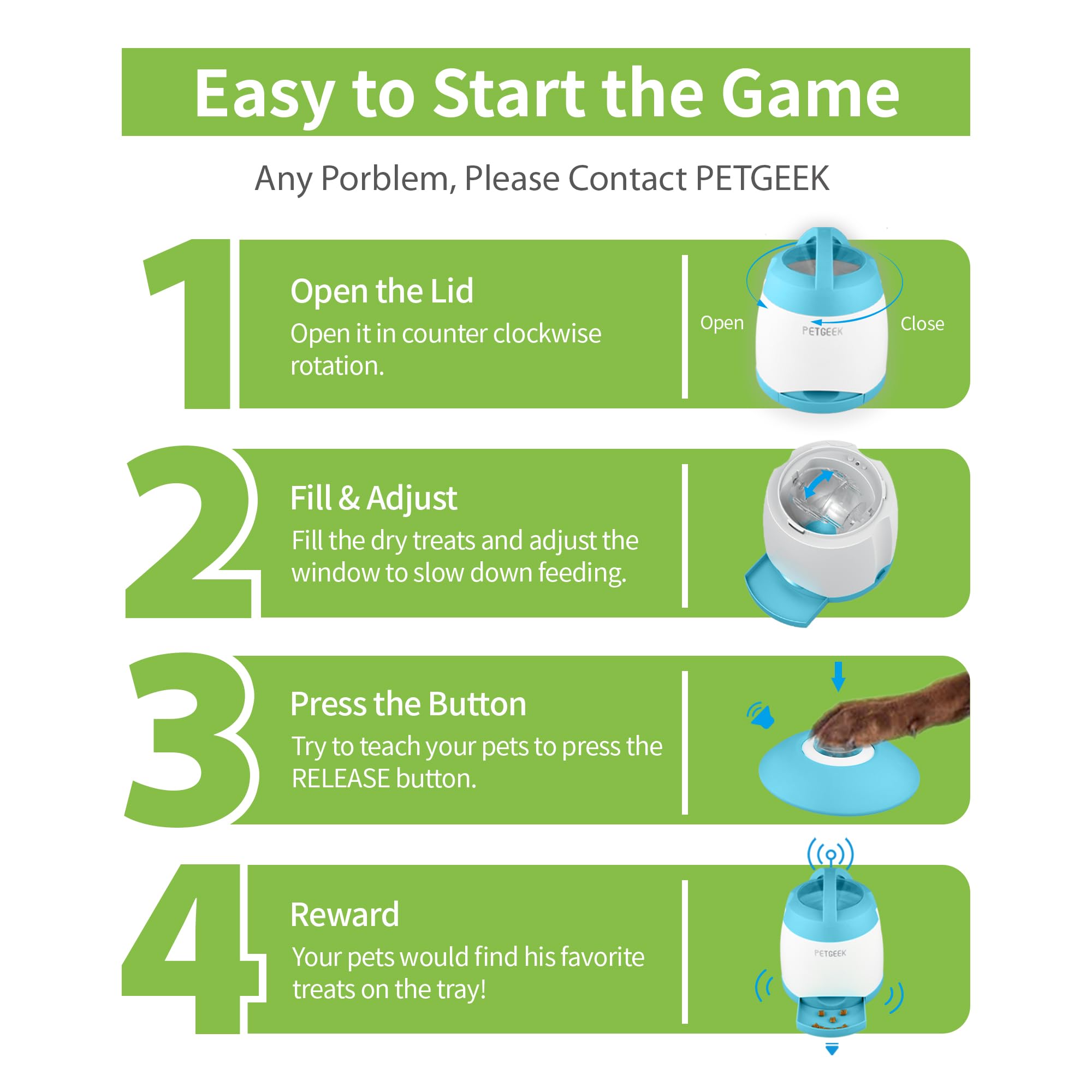 PETGEEK dog feeder indoors/outdoors showing versatile placement for remote enrichment