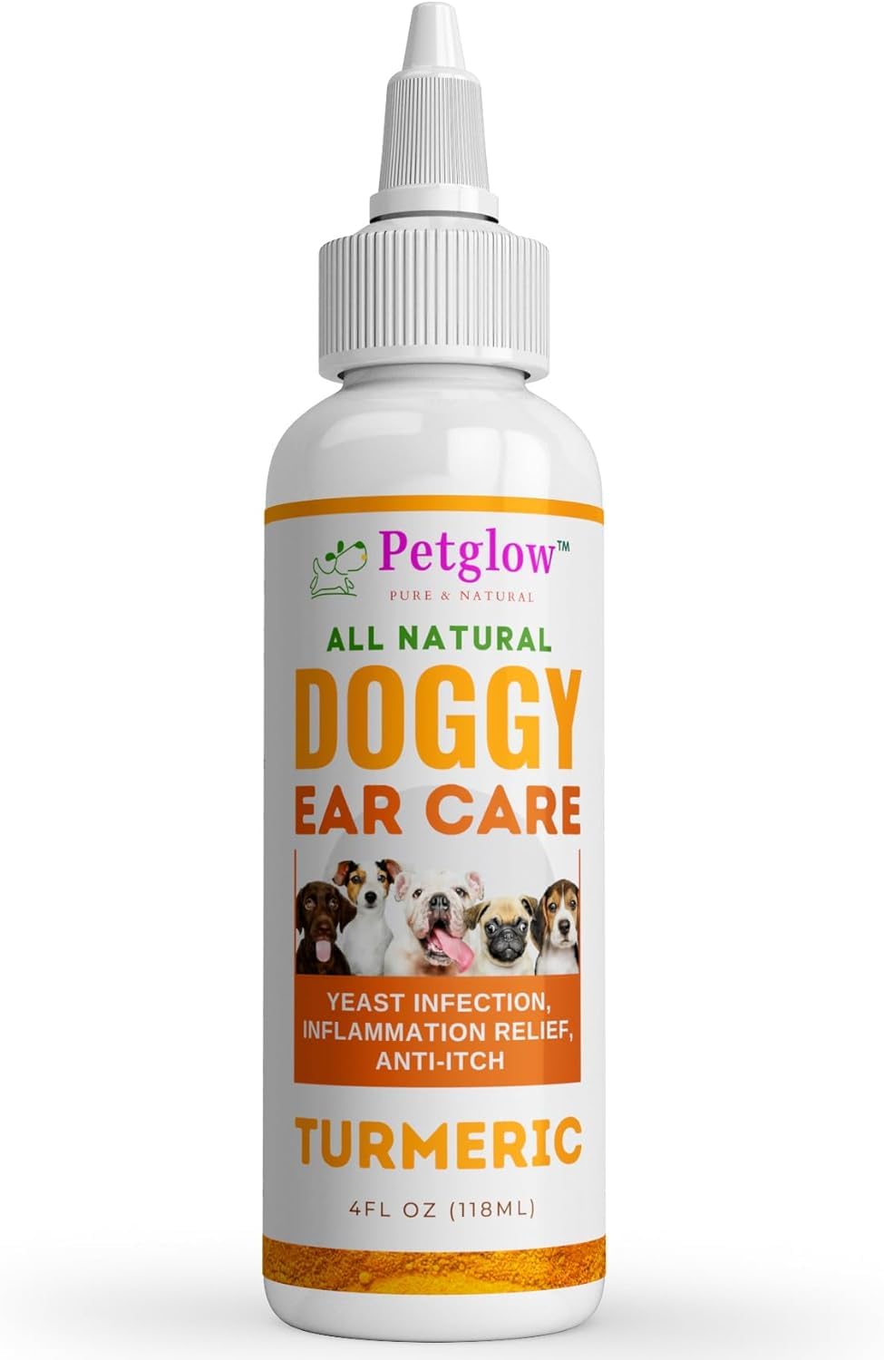 Petglow ear cleaner turmeric bottle pour demonstrates easy application for gentle ear care