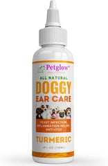 Petglow ear cleaner turmeric bottle pour demonstrates easy application for gentle ear care