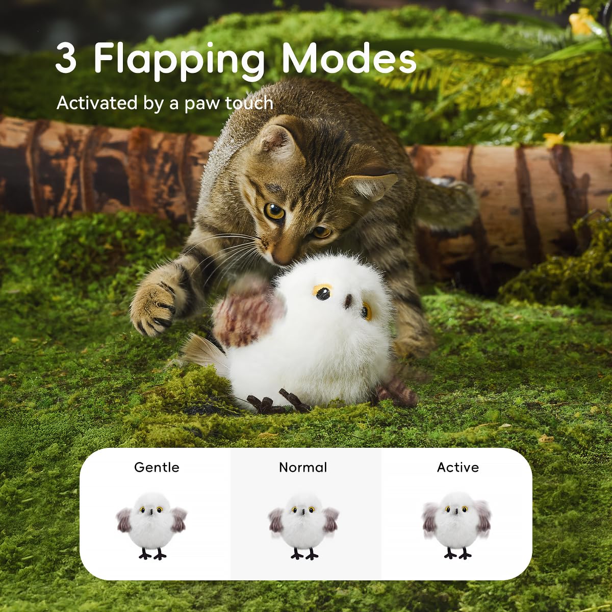 Petgravity Flapping Bird Toy charging scene demonstrates USB recharge for hassle-free sessions.