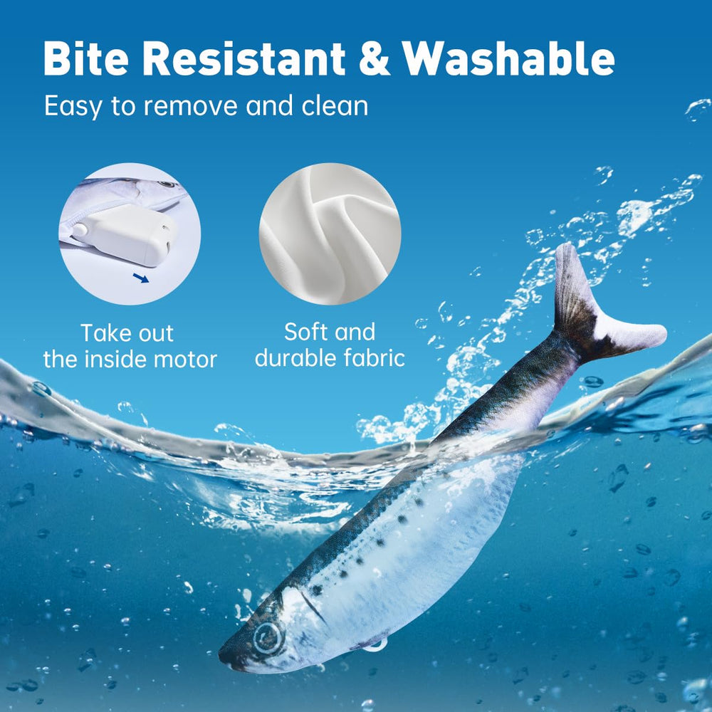 Petgravity saury flopping fish toy side view engages batting