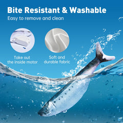 Petgravity saury flopping fish toy side view engages batting