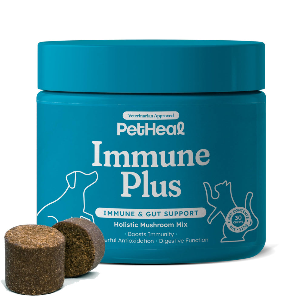 PetHeal Immune Plus bottle for dogs, showing pork-flavored chews for daily immune support.