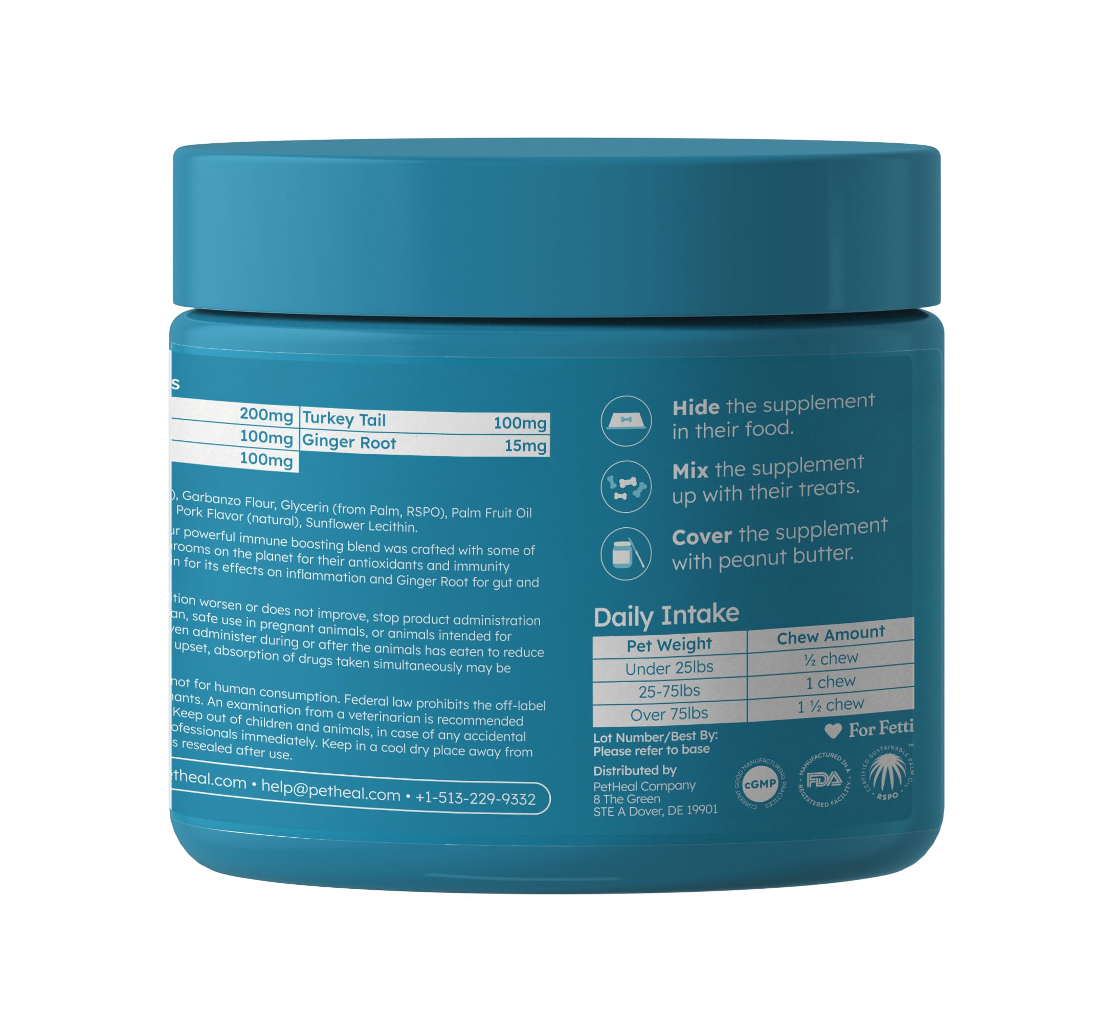 PetHeal Immune Plus pork-flavor chew in hand, emphasizing palatability.