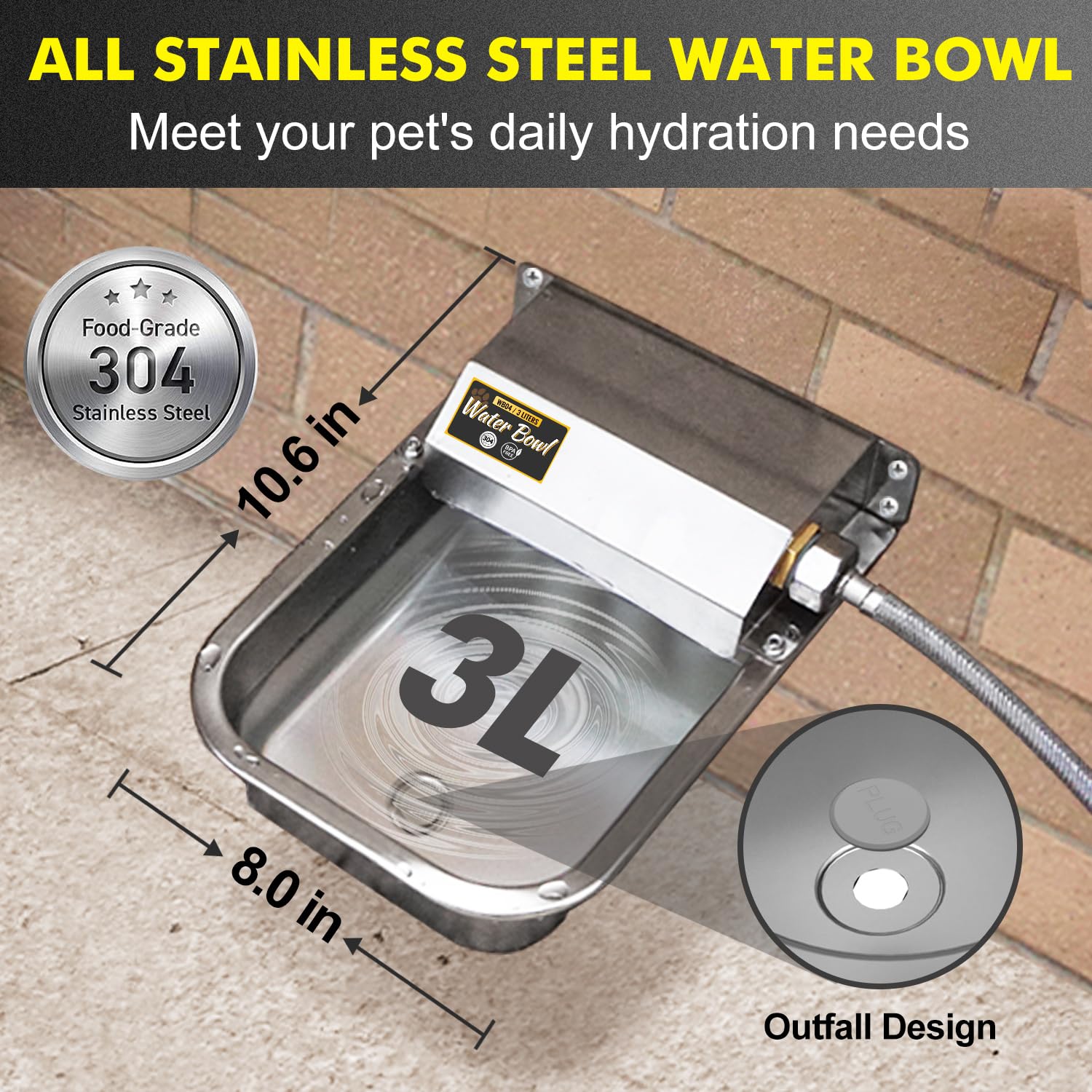 PETHIND wall-mounted waterer showing a durable stainless steel body for outdoor use.