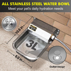PETHIND wall-mounted waterer showing a durable stainless steel body for outdoor use.