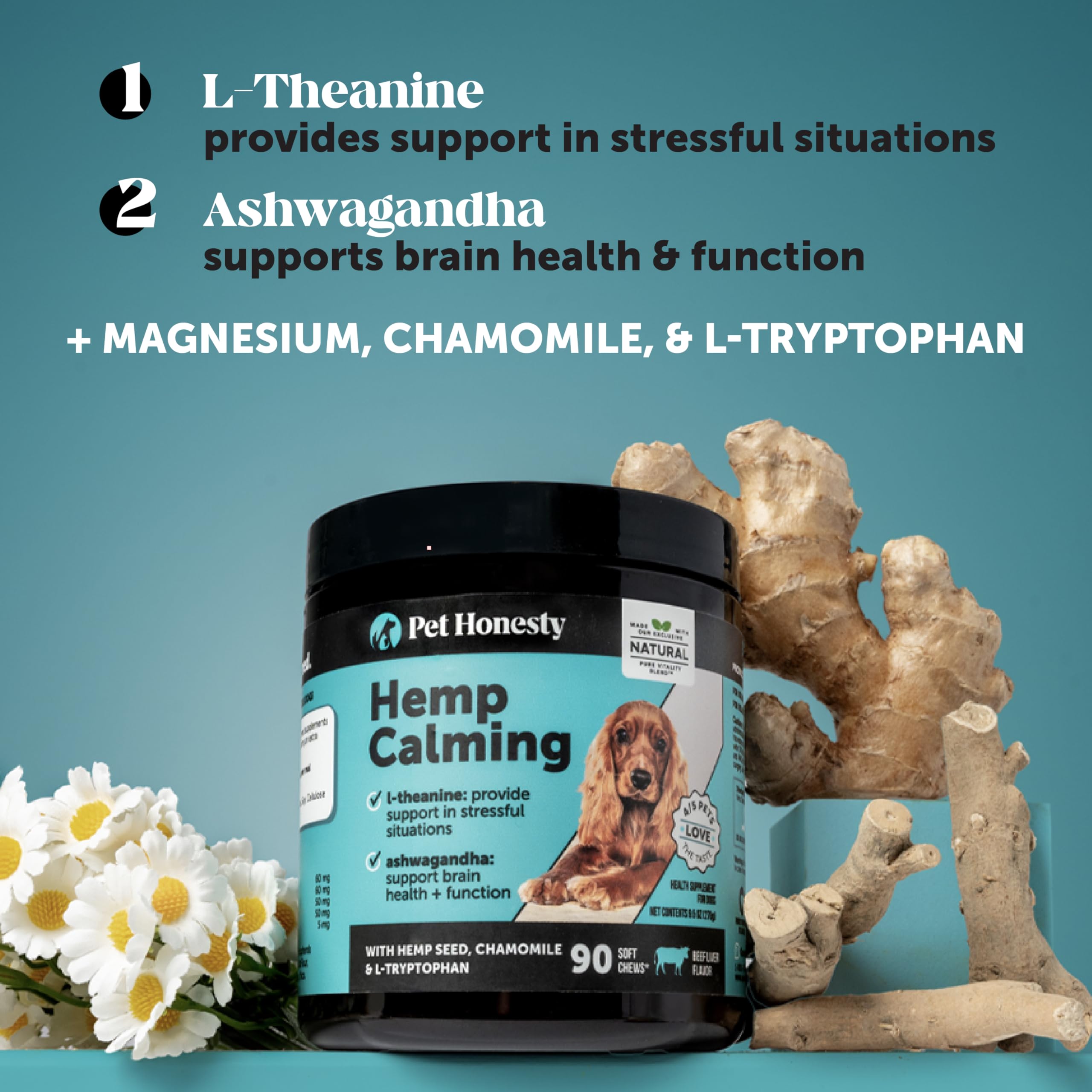 Pet Honesty calming chews sample ready to offer to a dog for routine use.