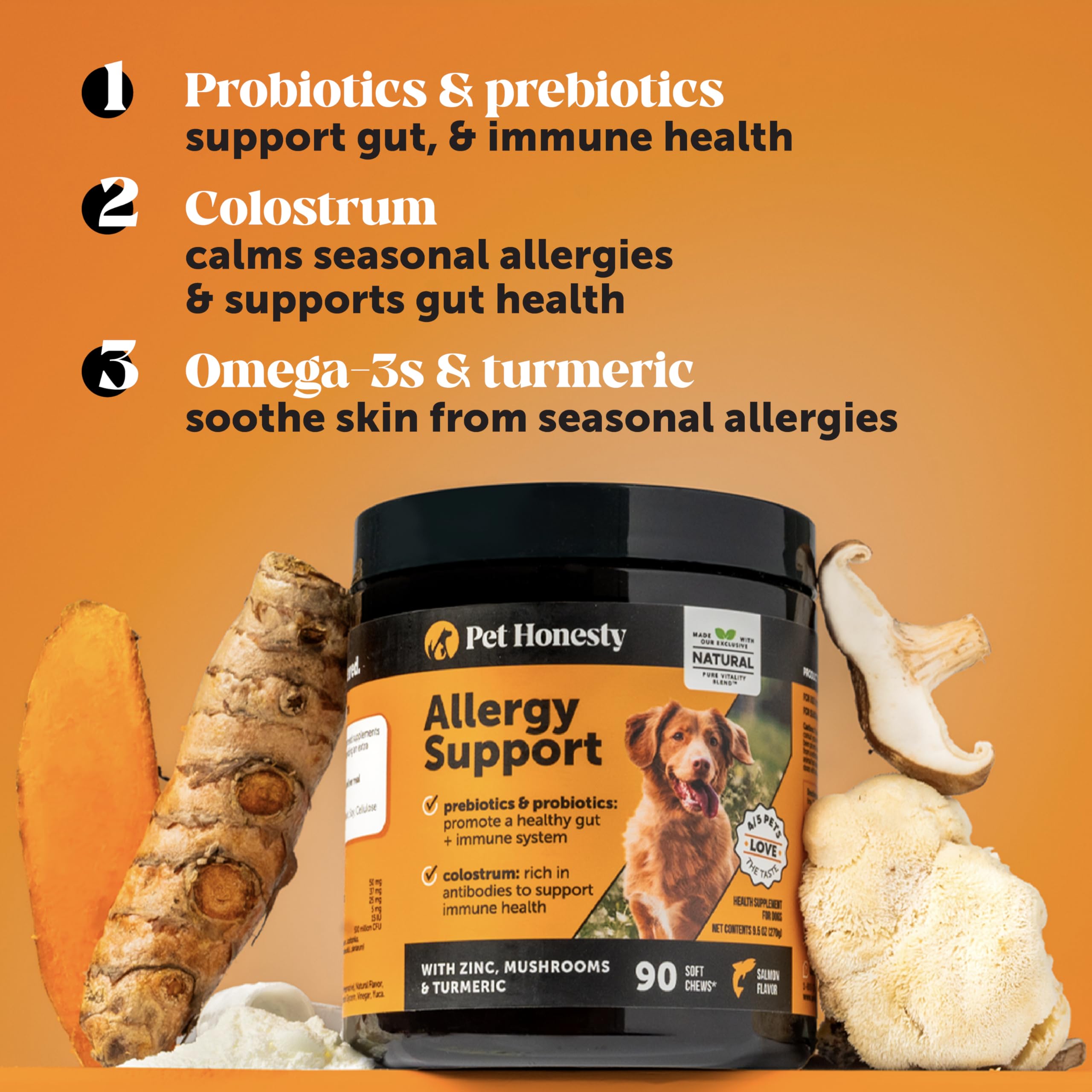 Pet Honesty colostrum probiotics for dogs supports digestive balance.