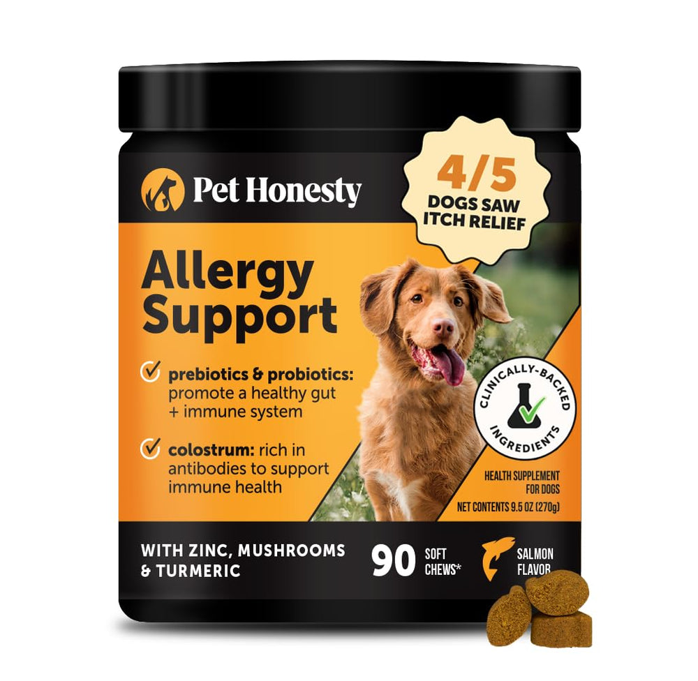 Pet Honesty dog allergy relief chews bottle supports seasonal comfort.