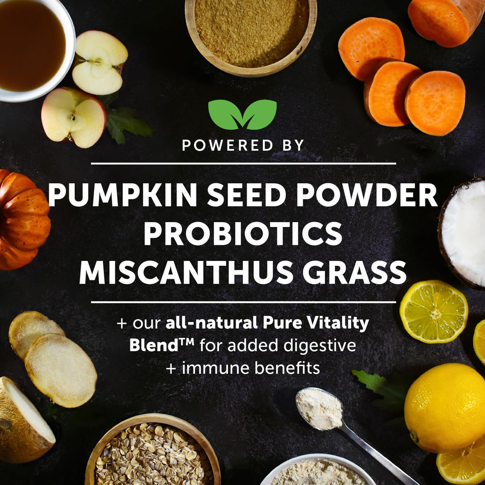 Pet Honesty Scoot Stopper ingredient list displayed, highlighting pumpkin seed and flaxseed for gut balance.