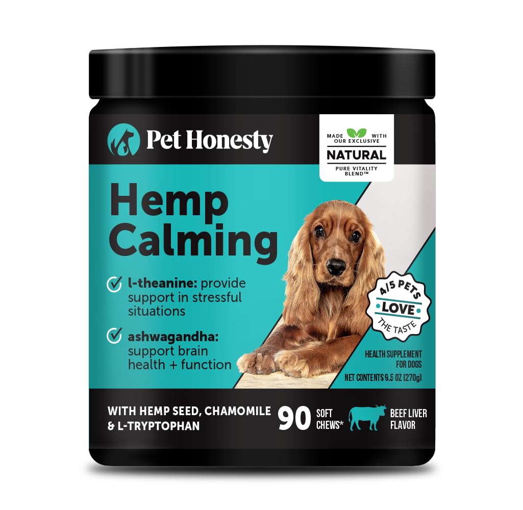 Pet Honesty Hemp Calming Chews bottle label promotes calm for anxious dogs.
