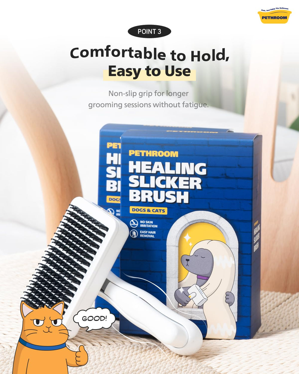 PETHROOM Slicker Brush on a small dog, smooth strokes for sensitive areas.