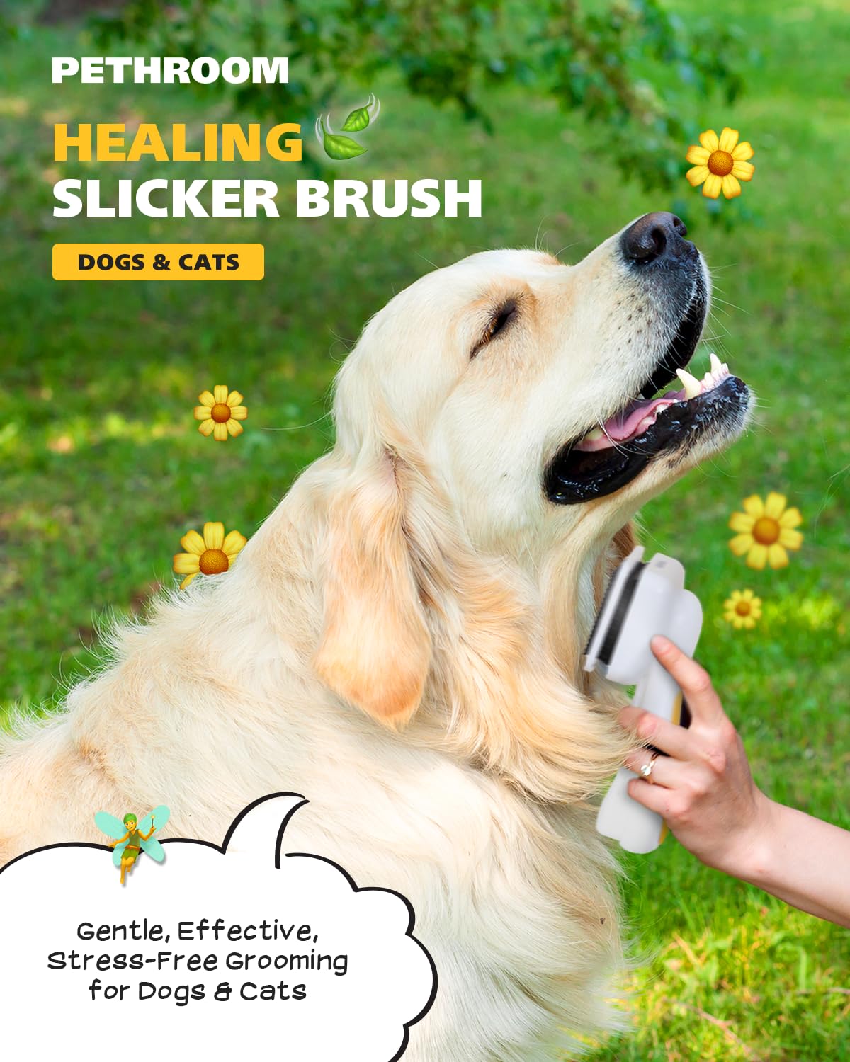 PETHROOM Slicker Brush on a cat, comfortable grip for calm grooming.