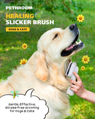 PETHROOM Slicker Brush on a cat, comfortable grip for calm grooming.