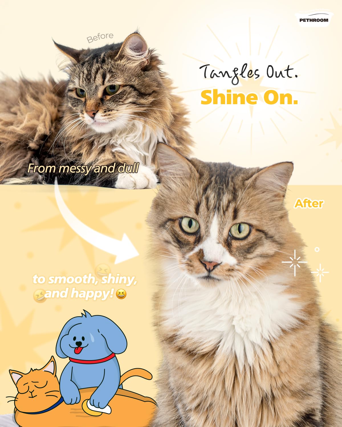 PETHROOM silicone brush removes loose fur and dander from coats of all lengths.