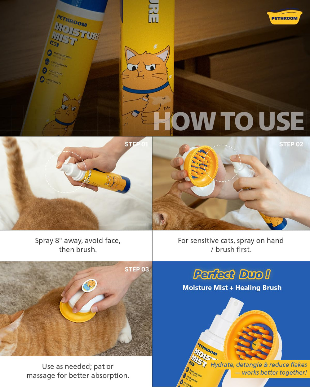 PETHROOM Unscented Cat Moisture Mist anti-static effect in action.