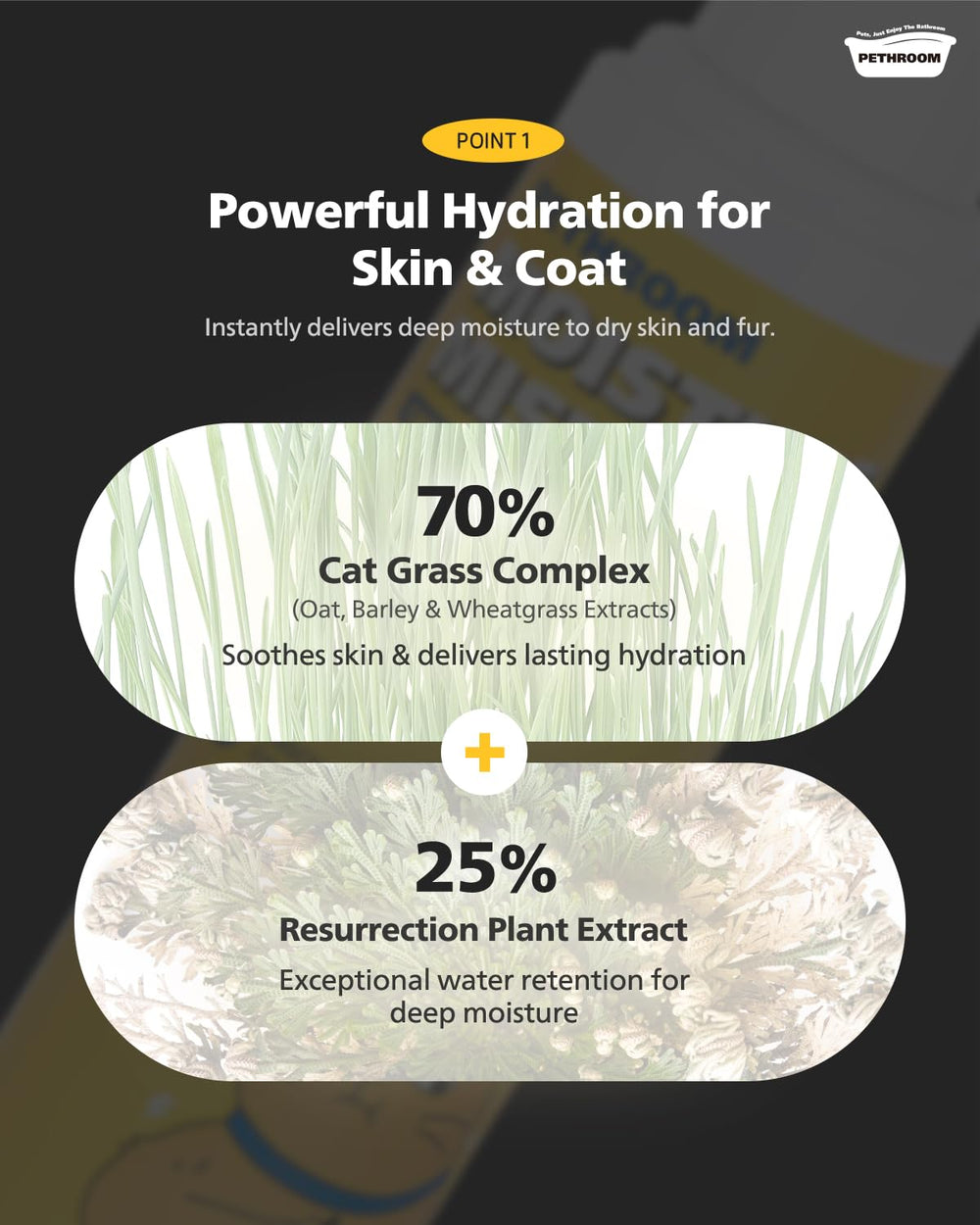 PETHROOM Unscented Cat Moisture Mist plant extracts close-up showcase natural ingredients.