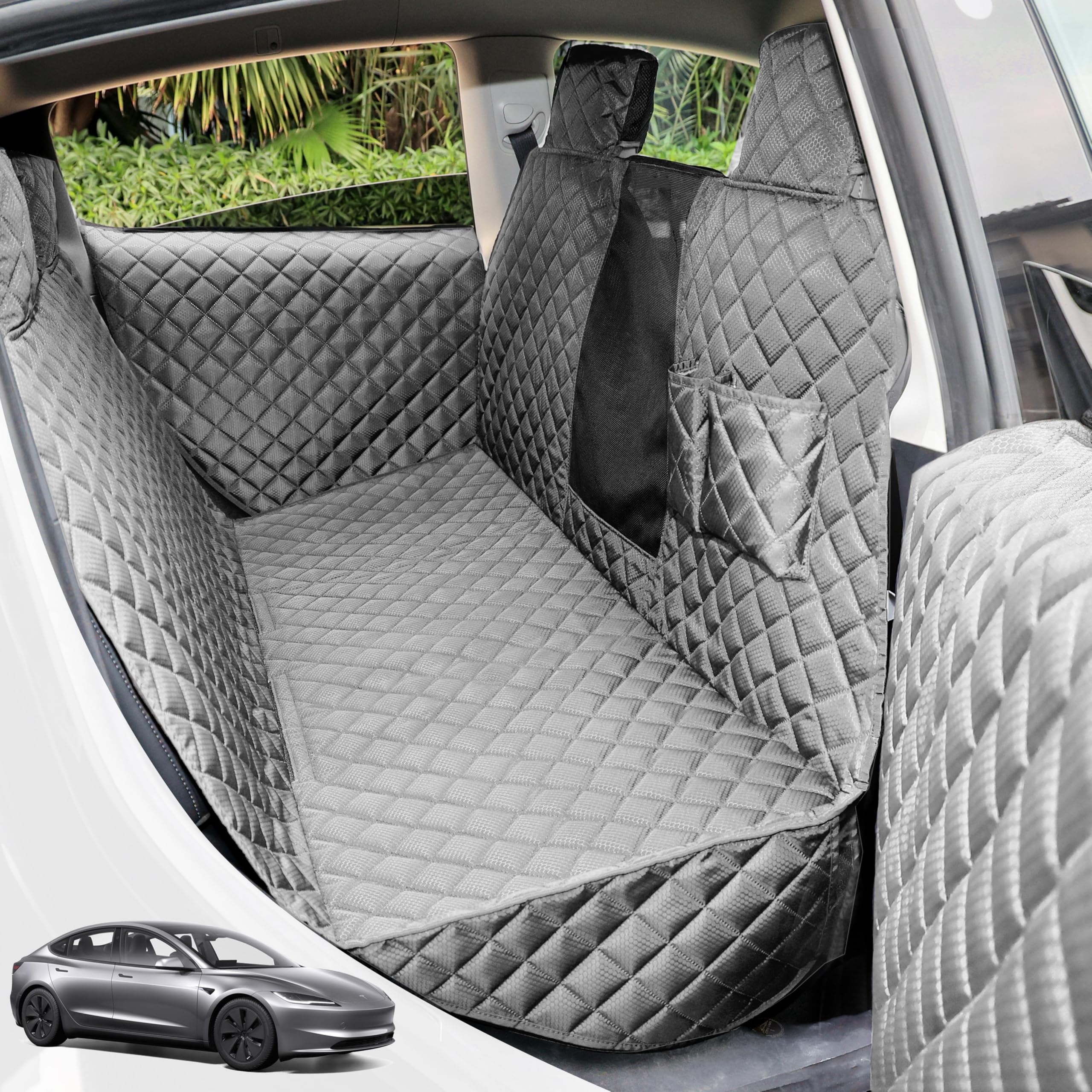 PETICON dog seat cover on Tesla Model Y rear, full coverage protects seats from fur and spills