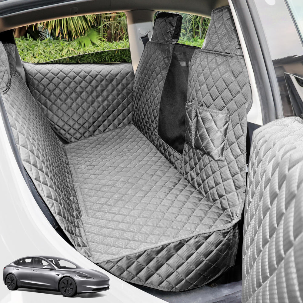 PETICON dog seat cover on Tesla Model Y rear, full coverage protects seats from fur and spills