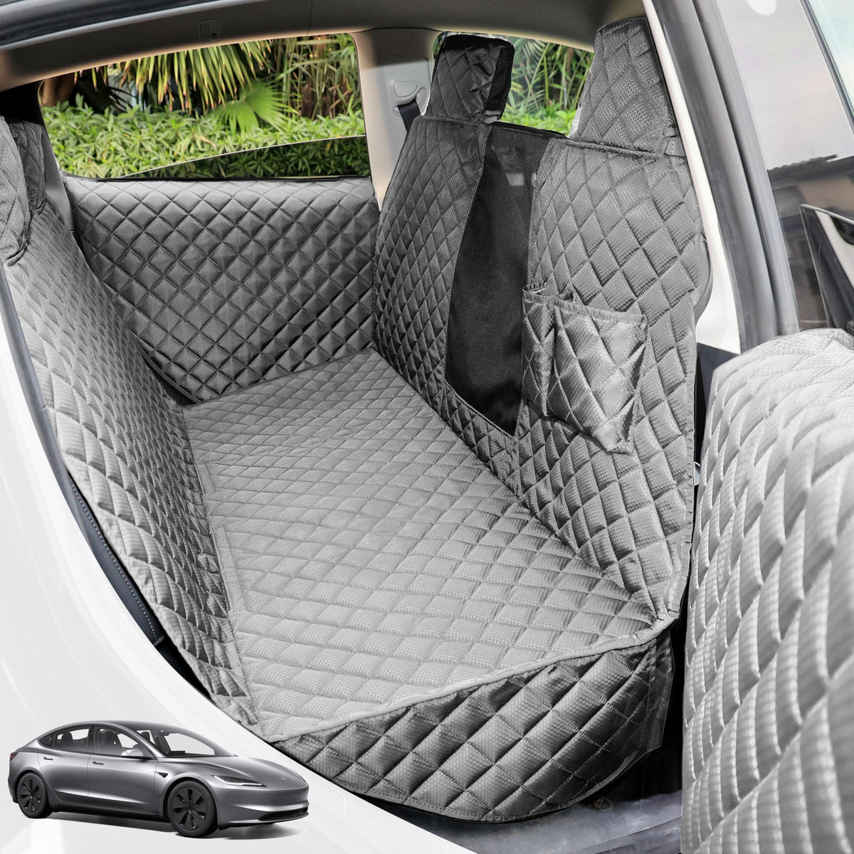 PETICON dog seat cover on Tesla Model Y rear, full coverage protects seats from fur and spills