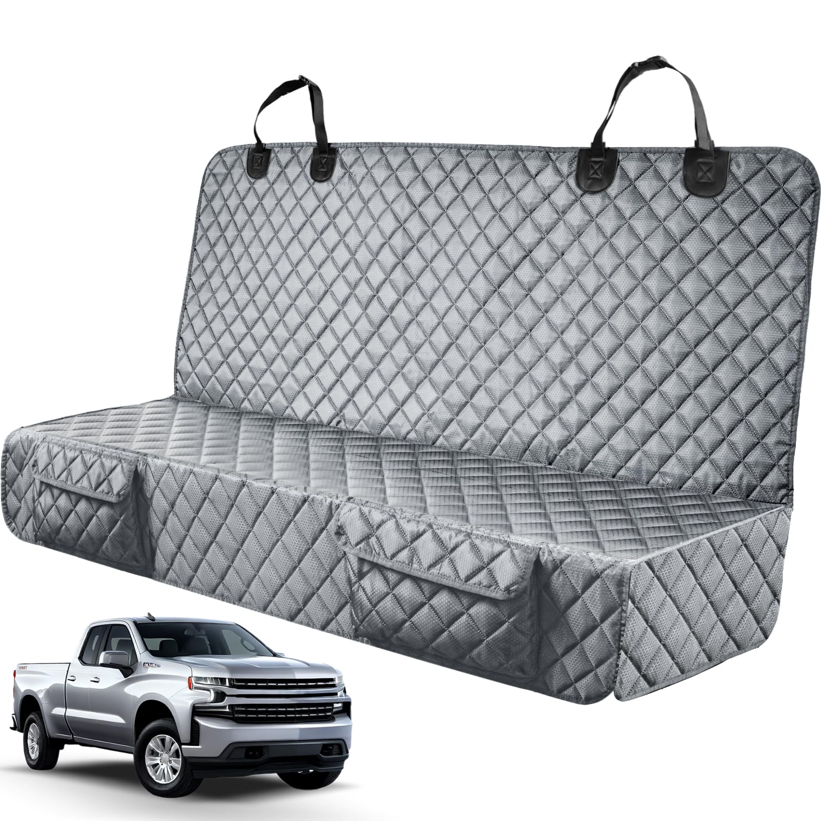 PETICON dog seat cover for trucks shows a snug fit on the truck bench