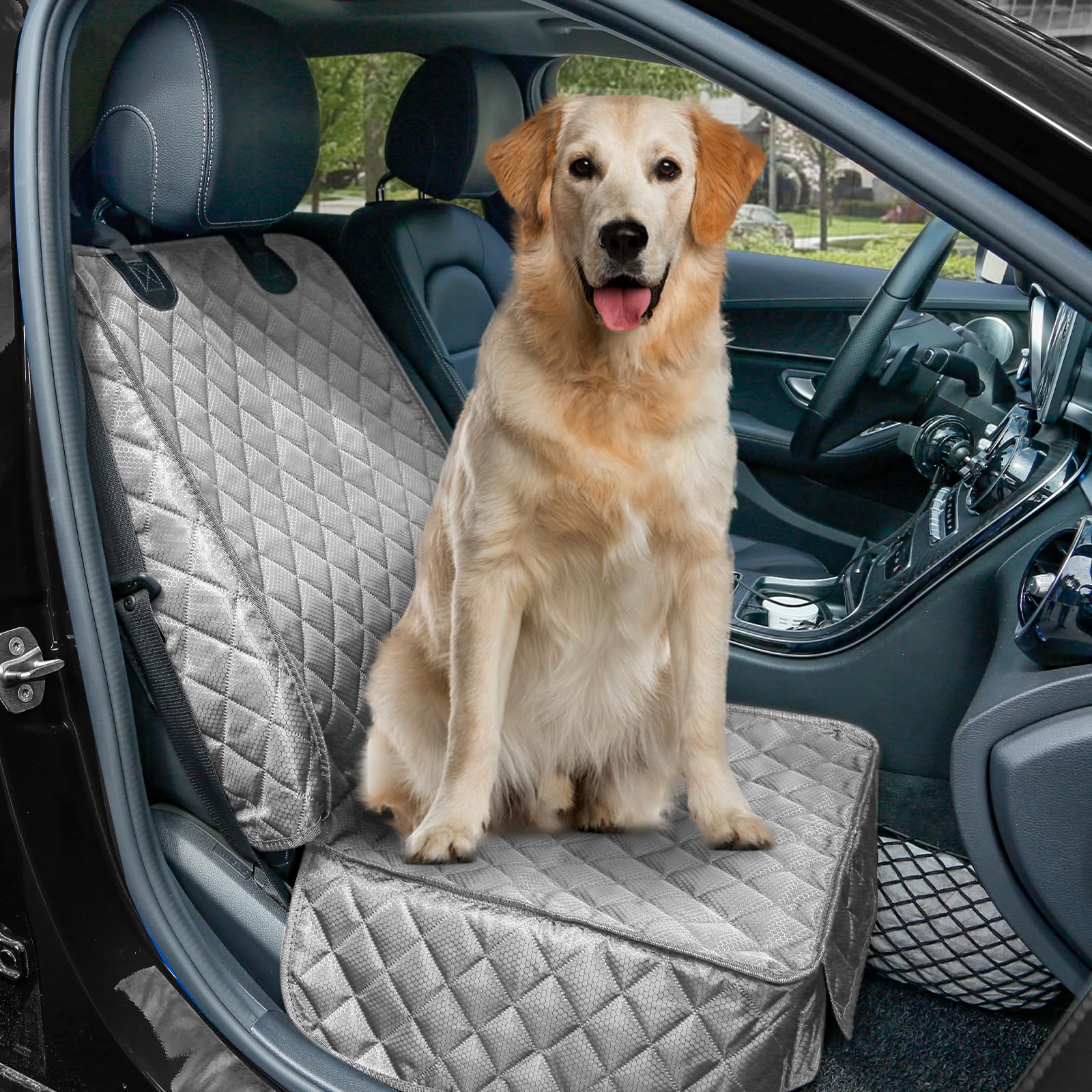 PETICON front seat cover big pocket stores leashes and toys within easy reach.