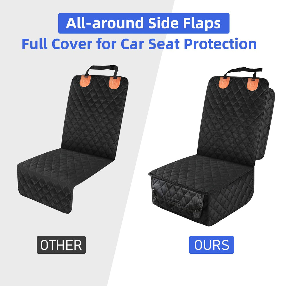 Peticon front seat cover with large pocket stores leashes and toys conveniently.