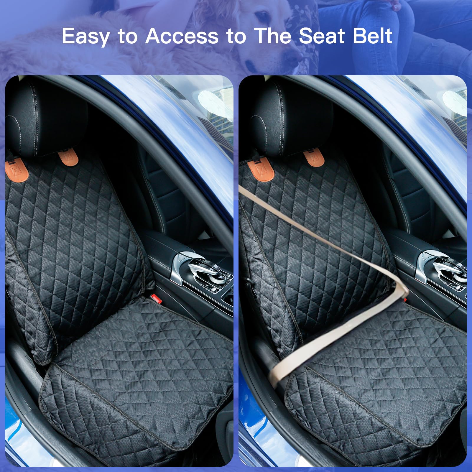 Peticon non-slip front seat protector reduces shifting for stable pet rides.