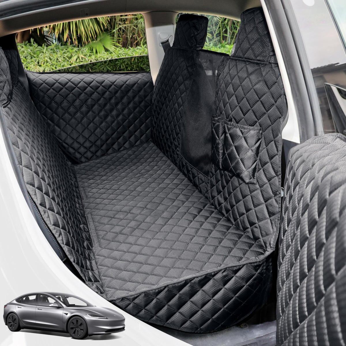 PETICON Tesla back seat cover protects seats and keeps pets comfortable.