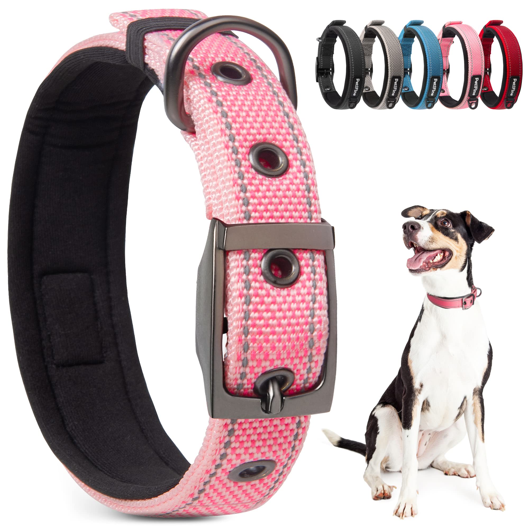 PetiFine neoprene padded dog collar closeup showing comfortable inner padding for active dogs.