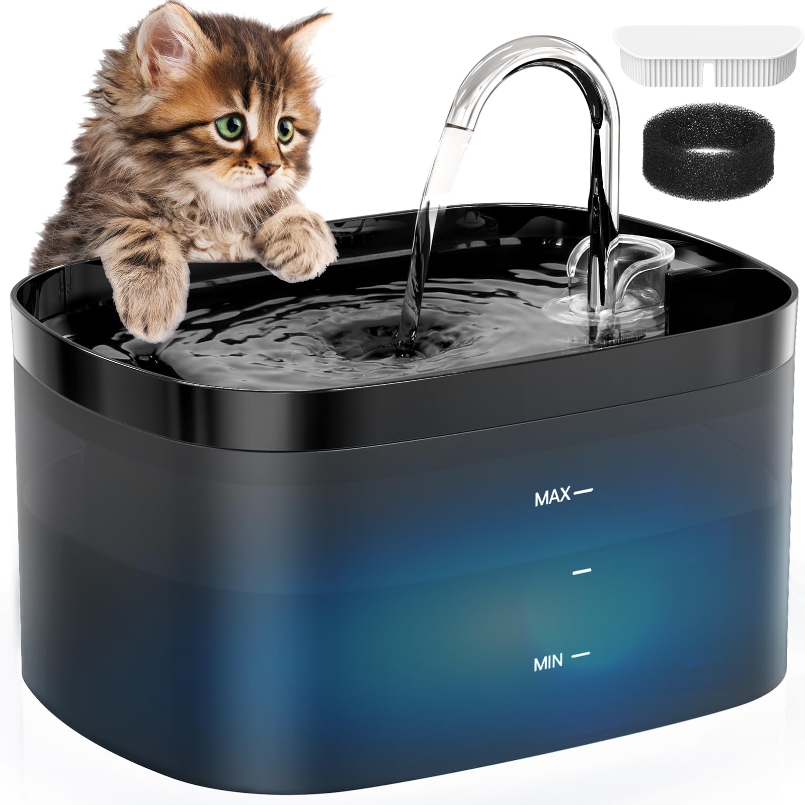 Petilog cat water fountain 84oz capacity shows extended hydration between refills.