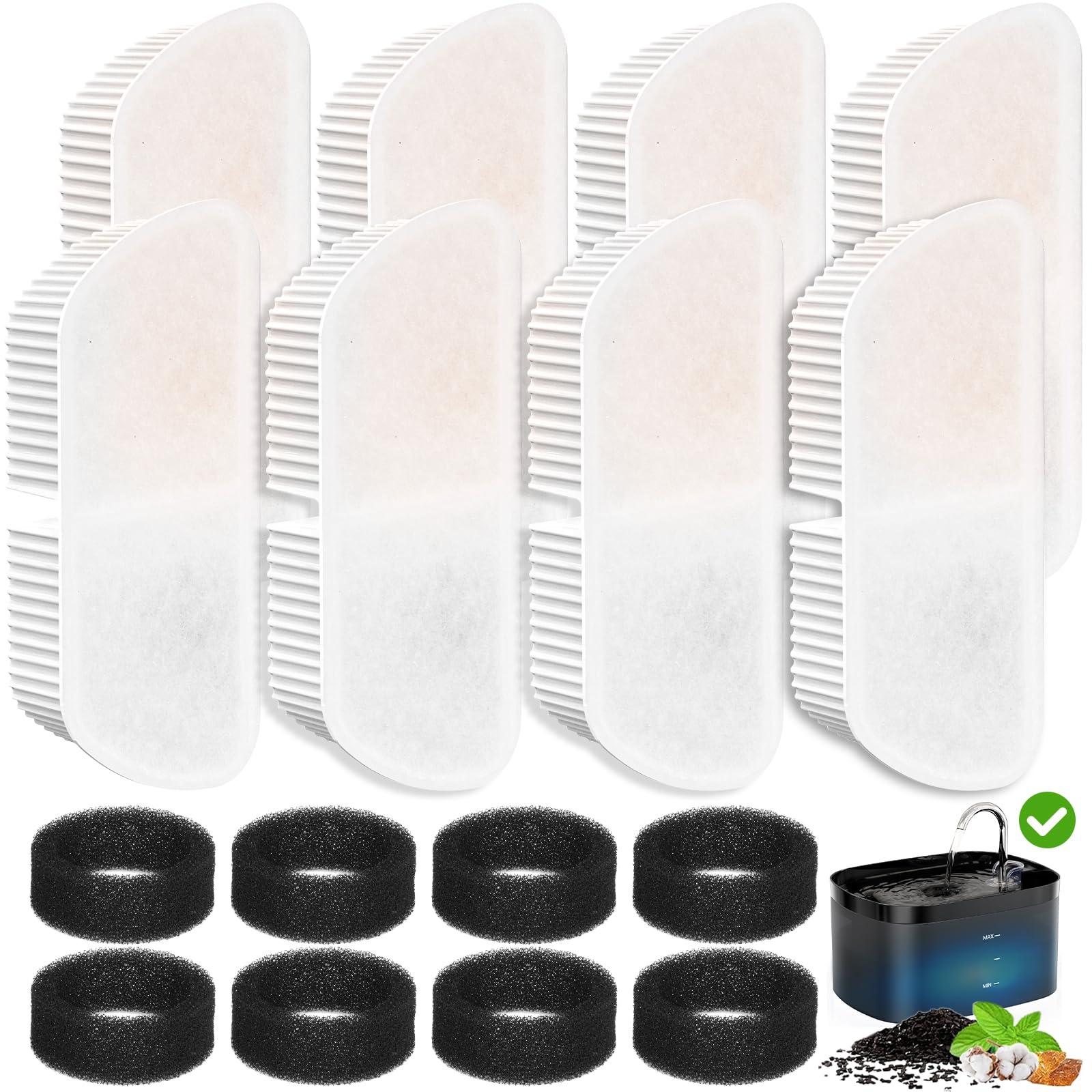 Petilog 8-pack cat fountain filters and sponges ready for replacement in multi-cat homes