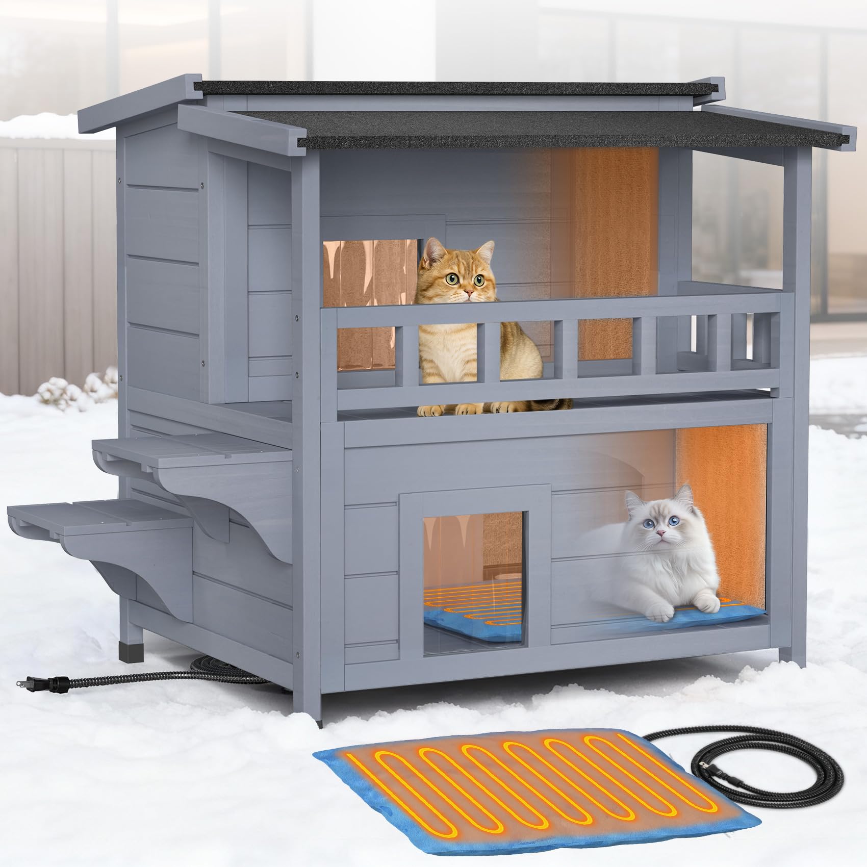PETIMBER heated cat house exterior front view shows spacious two-story shelter.