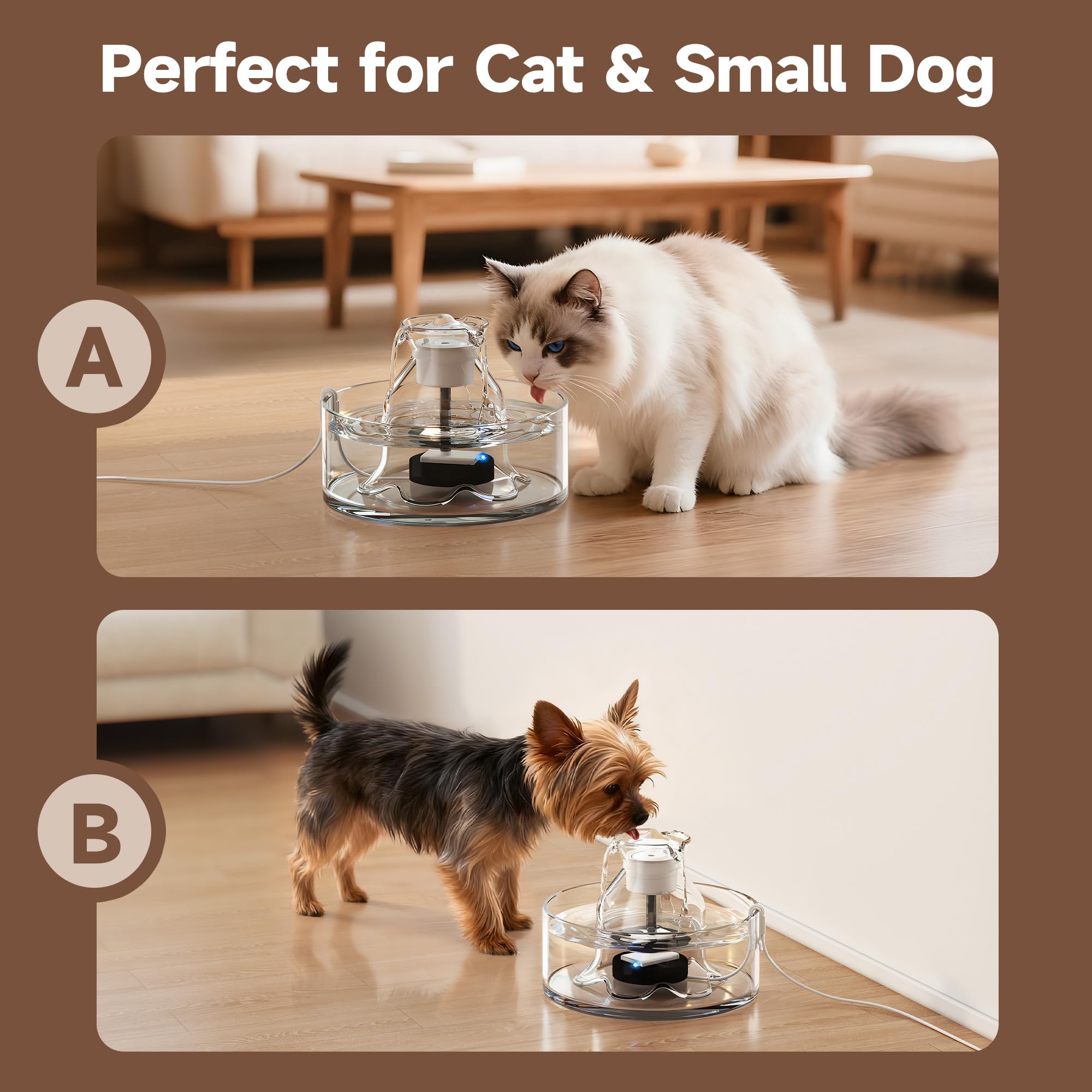 PETIMI Glass Cat Water Fountain 2.7L capacity suits multiple pets.