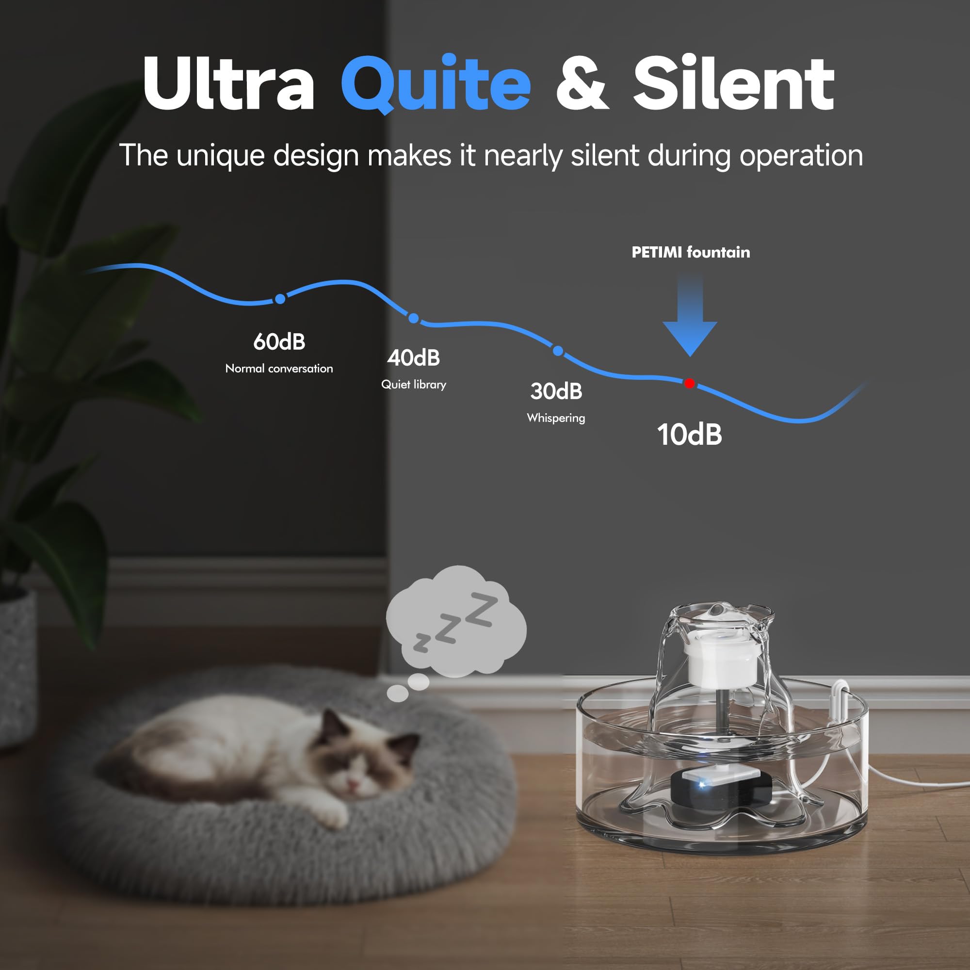 PETIMI Glass Cat Water Fountain no-spill center design minimizes mess.