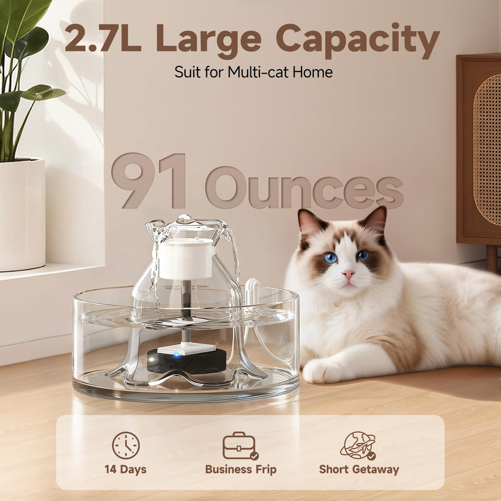 PETIMI Glass Cat Water Fountain ultra-quiet operation keeps rooms peaceful.