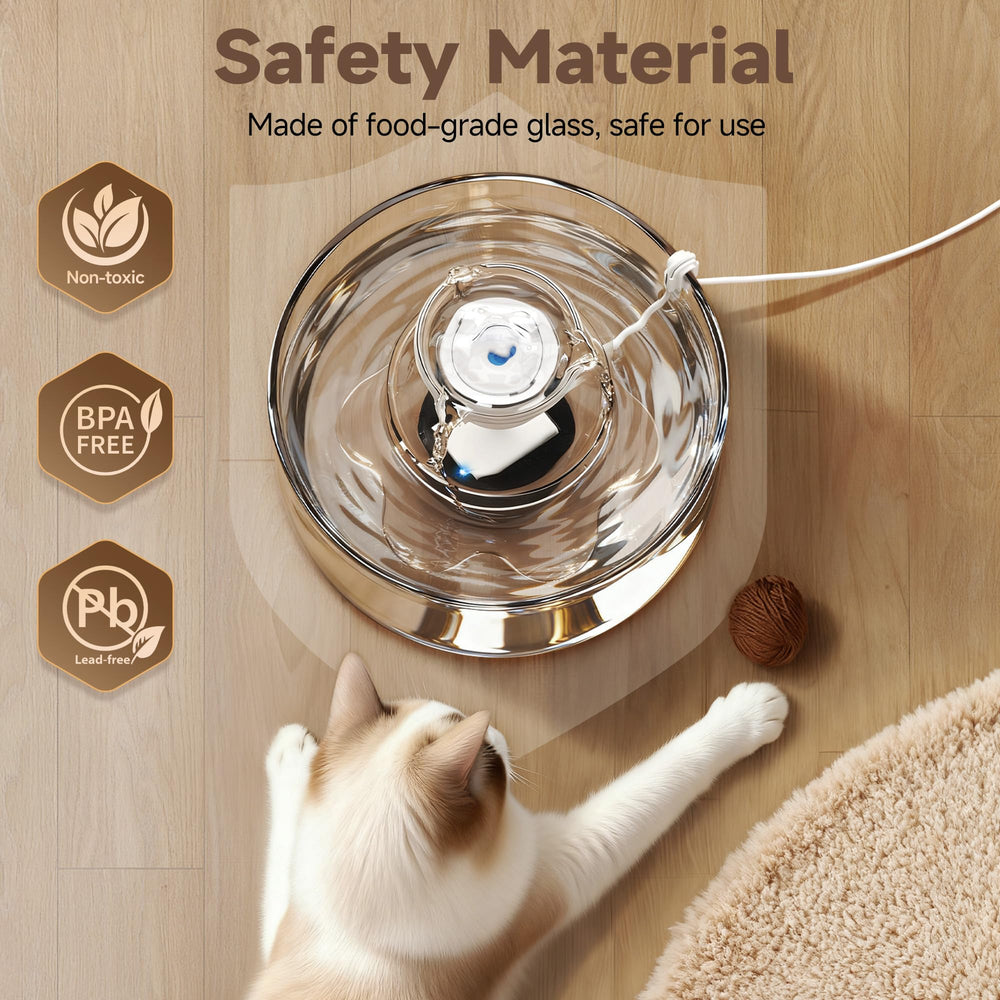 PETIMI Glass Cat Water Fountain water flow along glass for steady hydration.