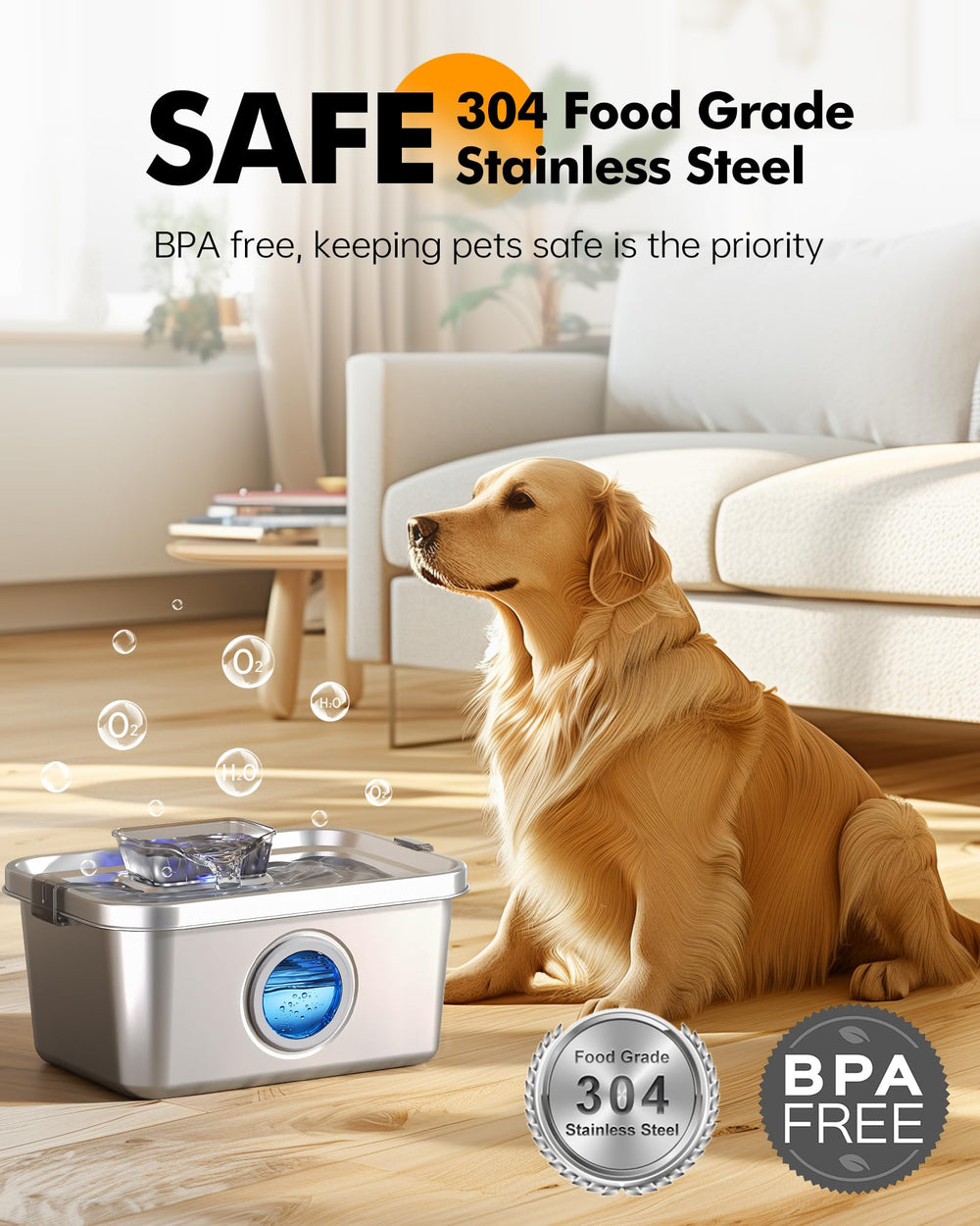 PETIMI stainless steel fountain offers durable, rust-free daily hydration for pets.