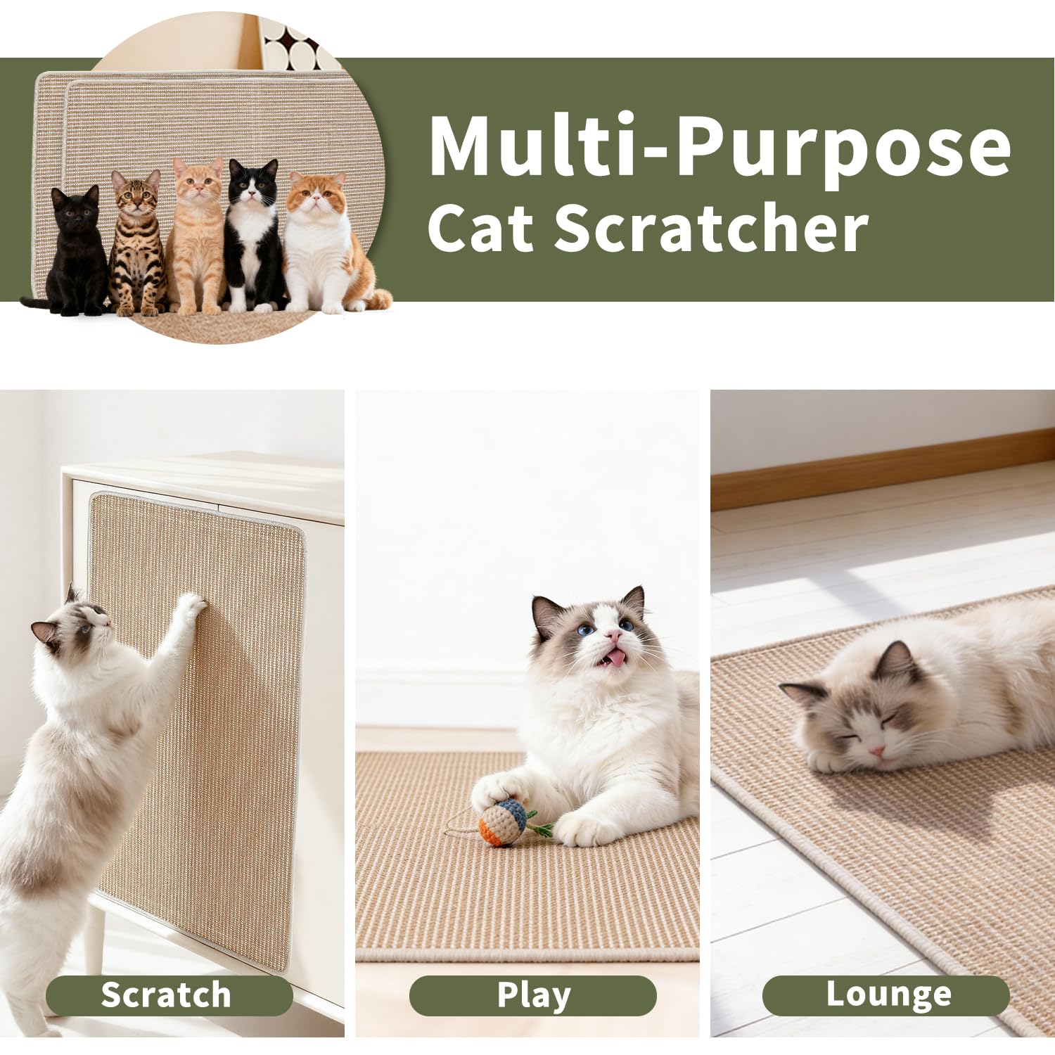 Beige Petinstinct mat protects furniture from cat claws.