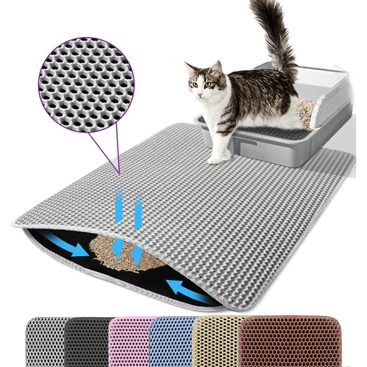 Petinstinct Jumbo Litter Mat 46x26 inches in gray traps litter and protects floors.