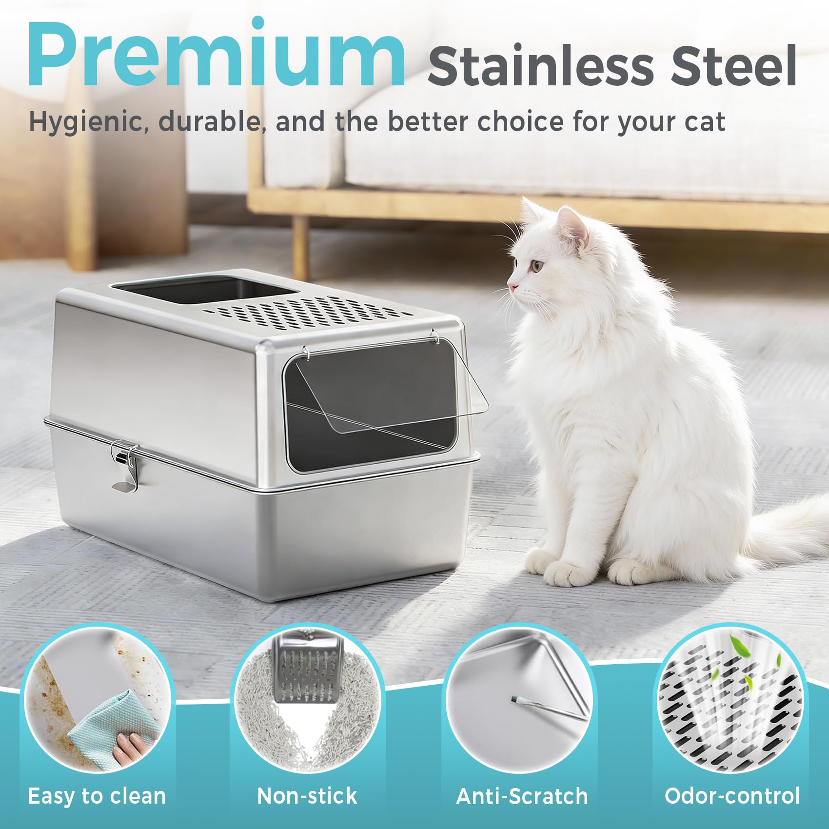 Petinstinct litter box with side entry shows flexible access for busy cats.