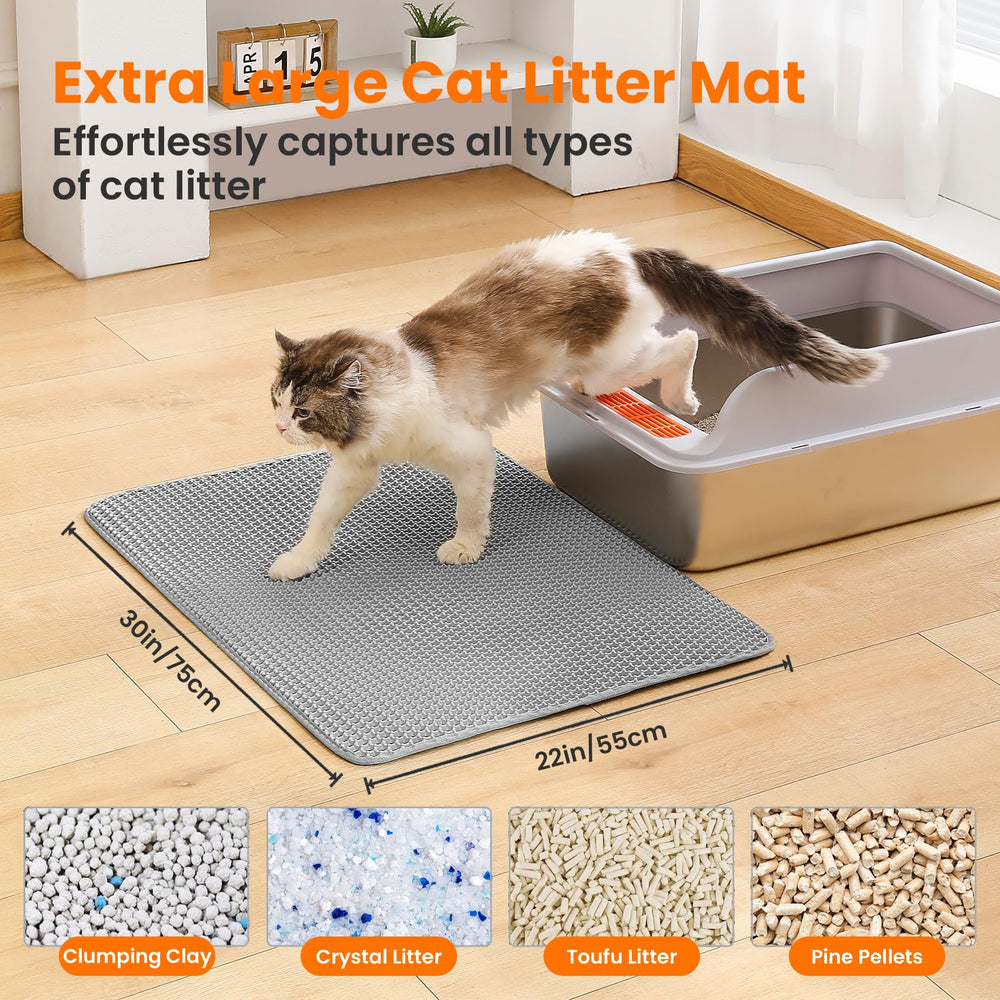 Petinstinct Litter Mat 30x22 under litter box demonstrates coverage area.