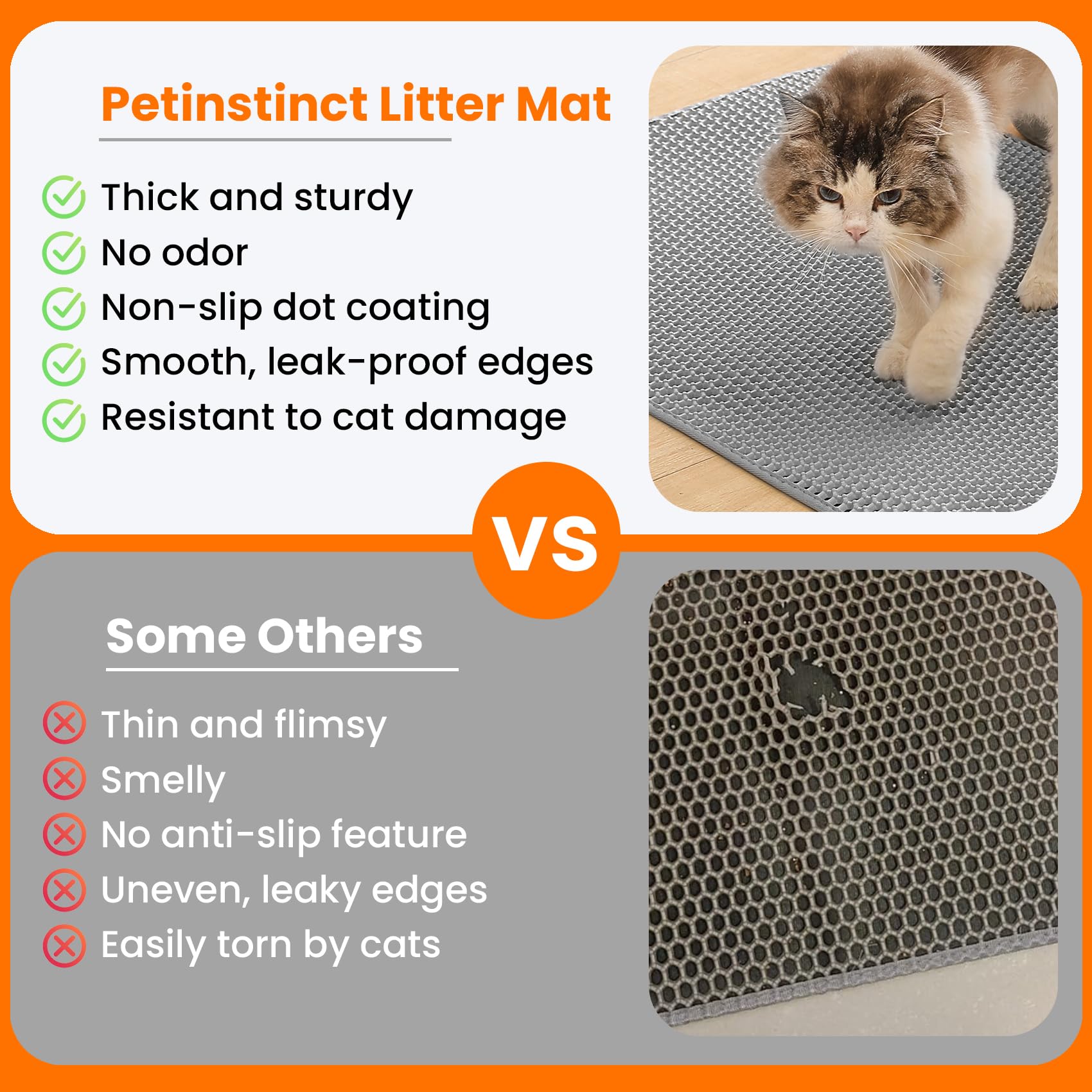 Petinstinct Litter Mat honeycomb top layer traps litter efficiently.