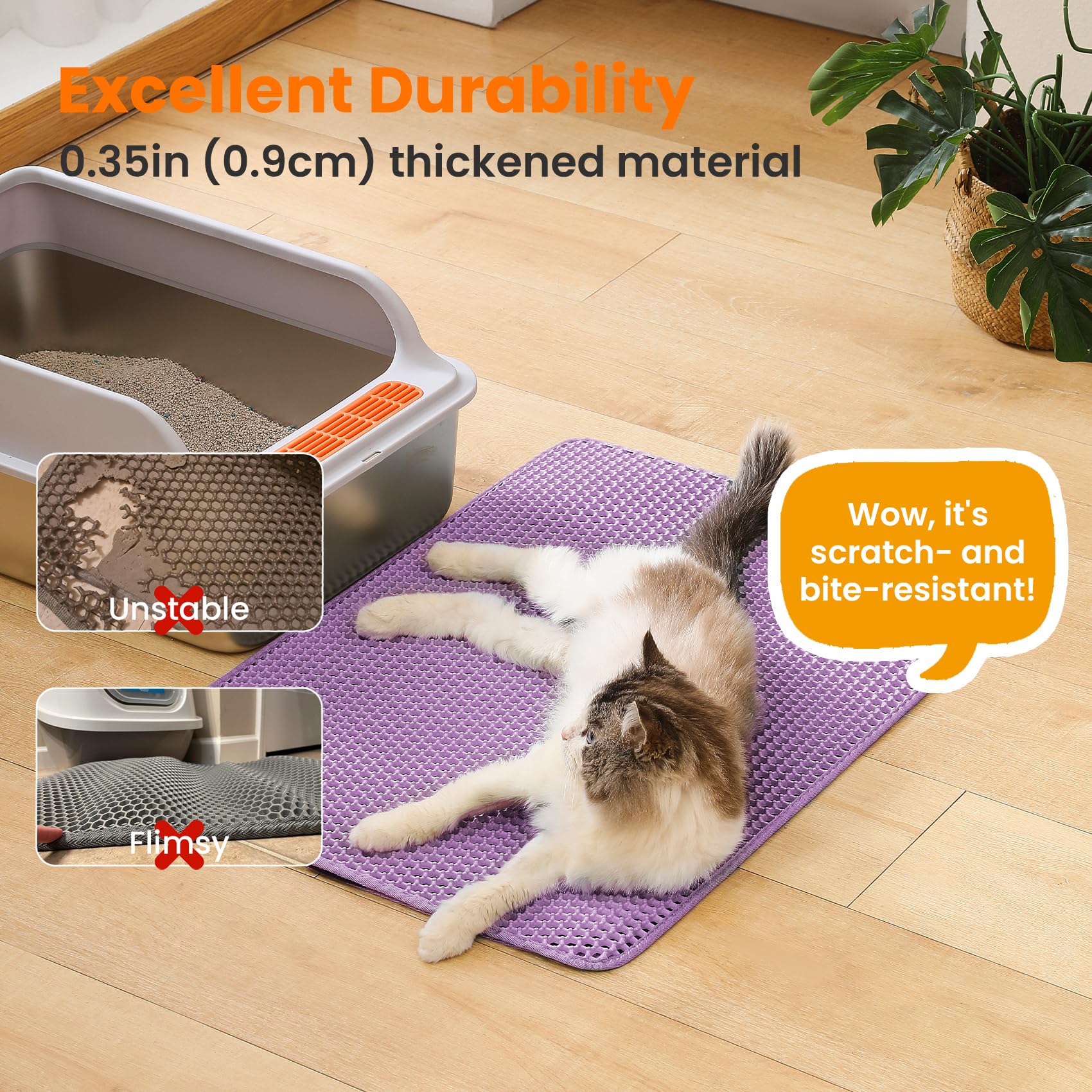 Purple Petinstinct litter mat adds color while protecting floors.
