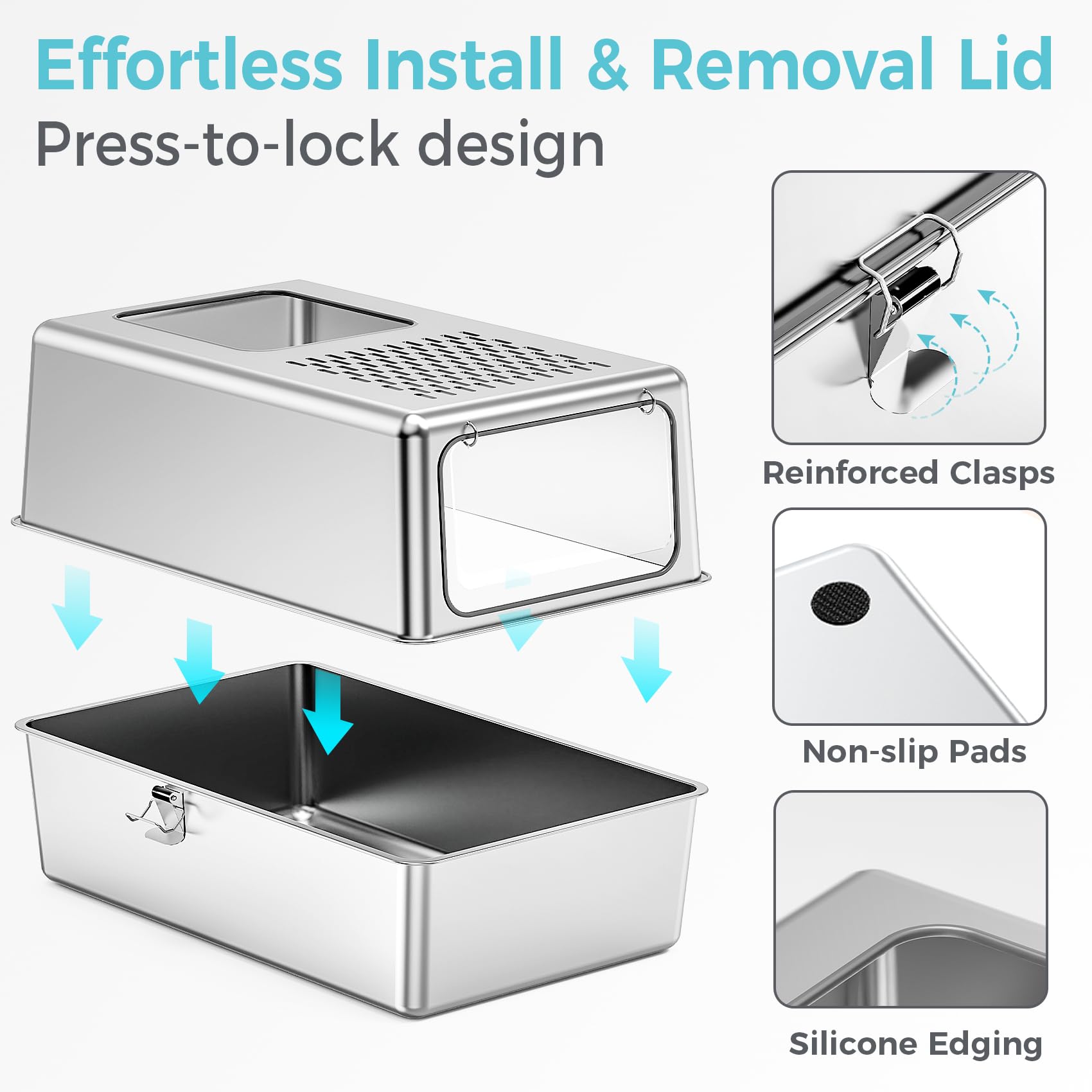 Petinstinct stainless steel tray with anti-slip base keeps the box stable.